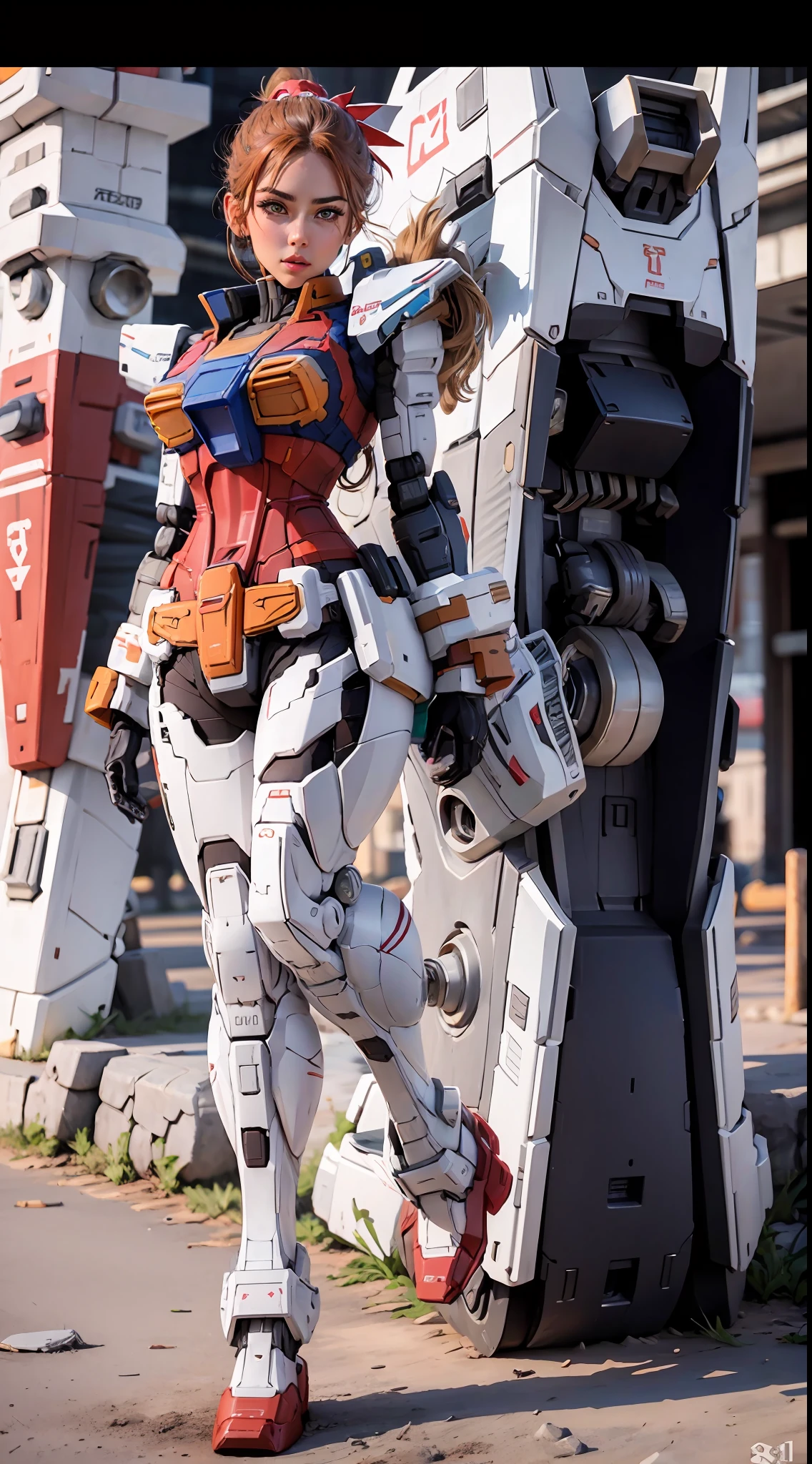 Gundam \(RX78\), Ultra High Resolution, Best Quality, Photo, 4K, (Realistic:1.4), 1 Girl, Solo, (Full Body: 1.1), Ponytail, Brunette Hair, Beautiful Face, Beautiful Eyes, Dynamic Pose, Dynamic Angle, Lake Outside the Park, Mecha Armor, Depth of Field, Motion Line, Lively Breasts, Bra Lift, Breast Slippery, Detailed Eyes, Masterpiece, Detailed Lips