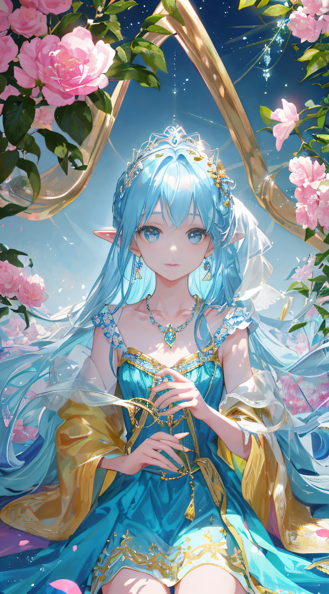 Masterpiece, Essentials, Illustrations, Saxophone Blue, Platinum Earrings, 1Girl, Cute, (Dynamic light: 1.2), cinematic light, delicate facial features, detailed eyes, sharp pupils, realistic pupils, depth of field, background bokeh, clear focus, (super detailed, halo, luminescence: 1.4), many small gems, a crown of gold silk thread intertwined in the ice blue hair, the ears behind the hair have pointed ears, the girl's face is beautiful, a necklace with a blue crystal pendant falls between the collarbones, and then below is a full white chest, wearing a long aqua blue skirt, delicate and gorgeous, the skirt has a small pendant made of various colored gemstones in the style of water drops, in the garden, surrounded by pink flowers, petals fall