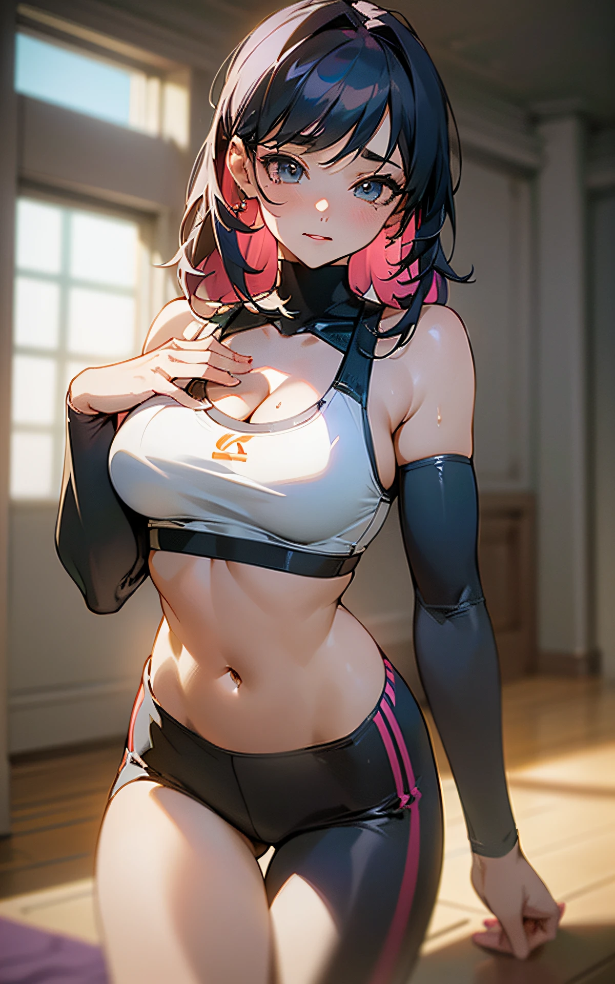 ((unity 16k wallpaper, masterpiece, best quality, ultra-detailed, extremely detailed CG, caustics, cinematic lighting, detailed, beautiful detailed eyes, NSFW: 2.0, 25 years old, dynamic pose、curby)), erotic, sexy, ultra high-definition, ((cleavage)), fine skin, (cute: 1.2), collarbone, ((JPOP idol)), ((attractive)), (sports bra、yoga pants)、vivid、on stomach
