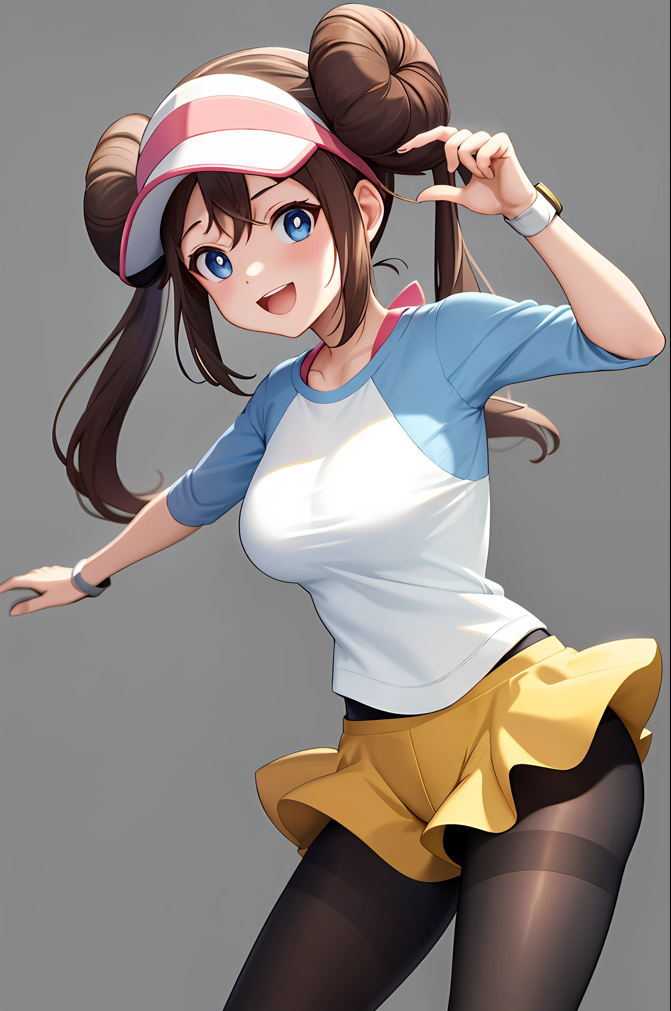 masterpiece, best quality, highres, ro1, hair bun, blue eyes, twintails, visor cap, no pantyhose, raglan sleeves, yellow shorts, shirt, pink bow, wristwatch, standing, leaning forward, gym, happy, brush,((((Areola)))), spread legs, child, kawaii, armpits,