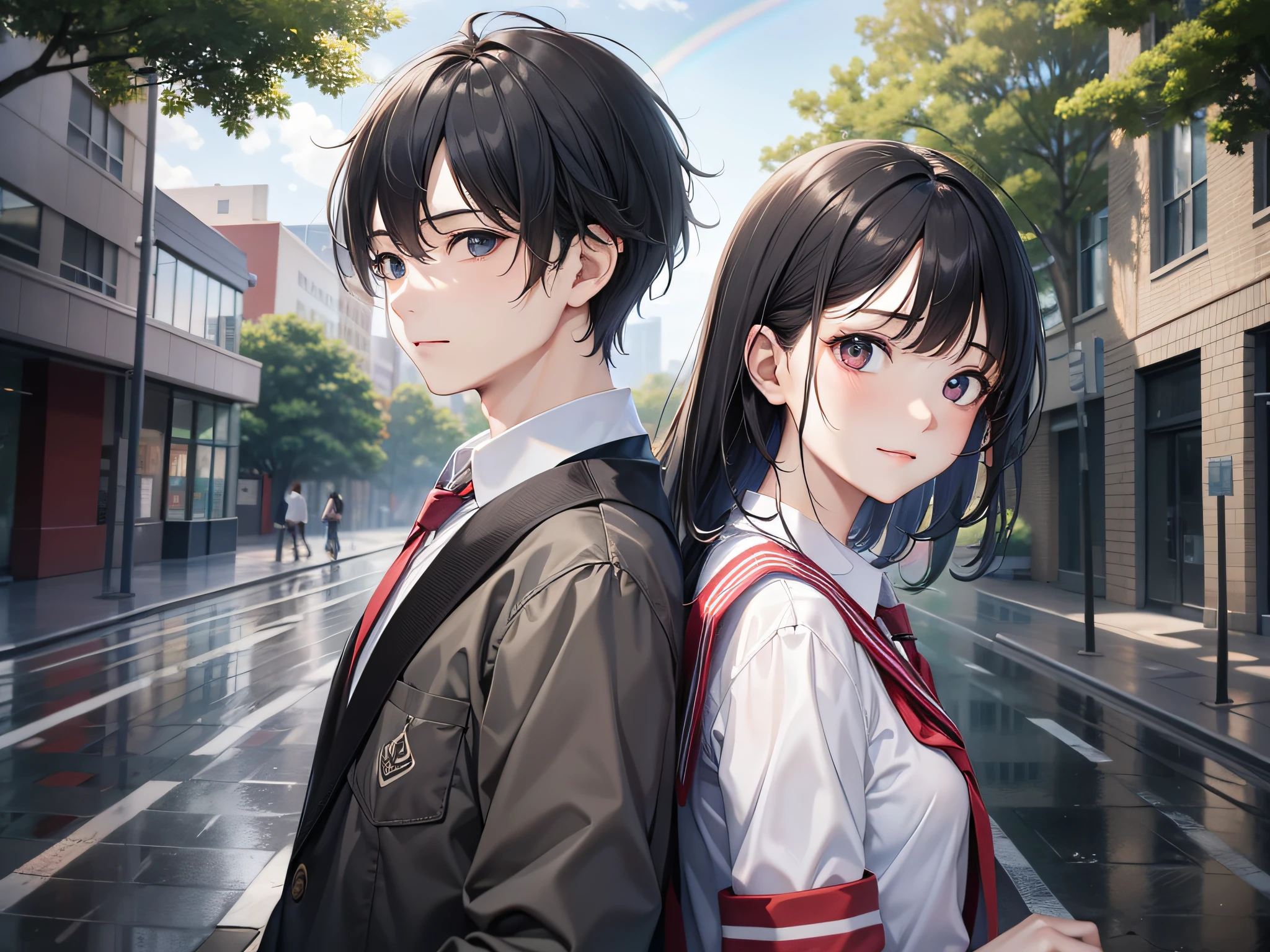 a female and a male, they are two students, wearing school uniform, lonely, rainny, around school, trees are beside the road, poddle of water reflectiing these two people, reflecting, a rainbow is on the sky, polar opposites, symmetry, panorama, perspective, ray tracing, reflection light, depth of field, close-up, masterpiece, best quality, high details, high quality, textured skin, ccurate, UHD, HD