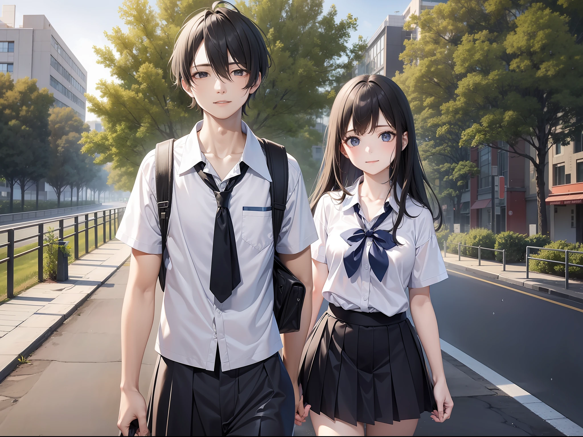 a female and a male, they are two students, wearing school uniform, lonely, rainny, around school, trees are beside the road, poddle of water reflectiing these two people, reflecting, a rainbow is on the sky, polar opposites, symmetry, panorama, perspective, ray tracing, reflection light, depth of field, close-up, masterpiece, best quality, high details, high quality, textured skin, ccurate, UHD, HD