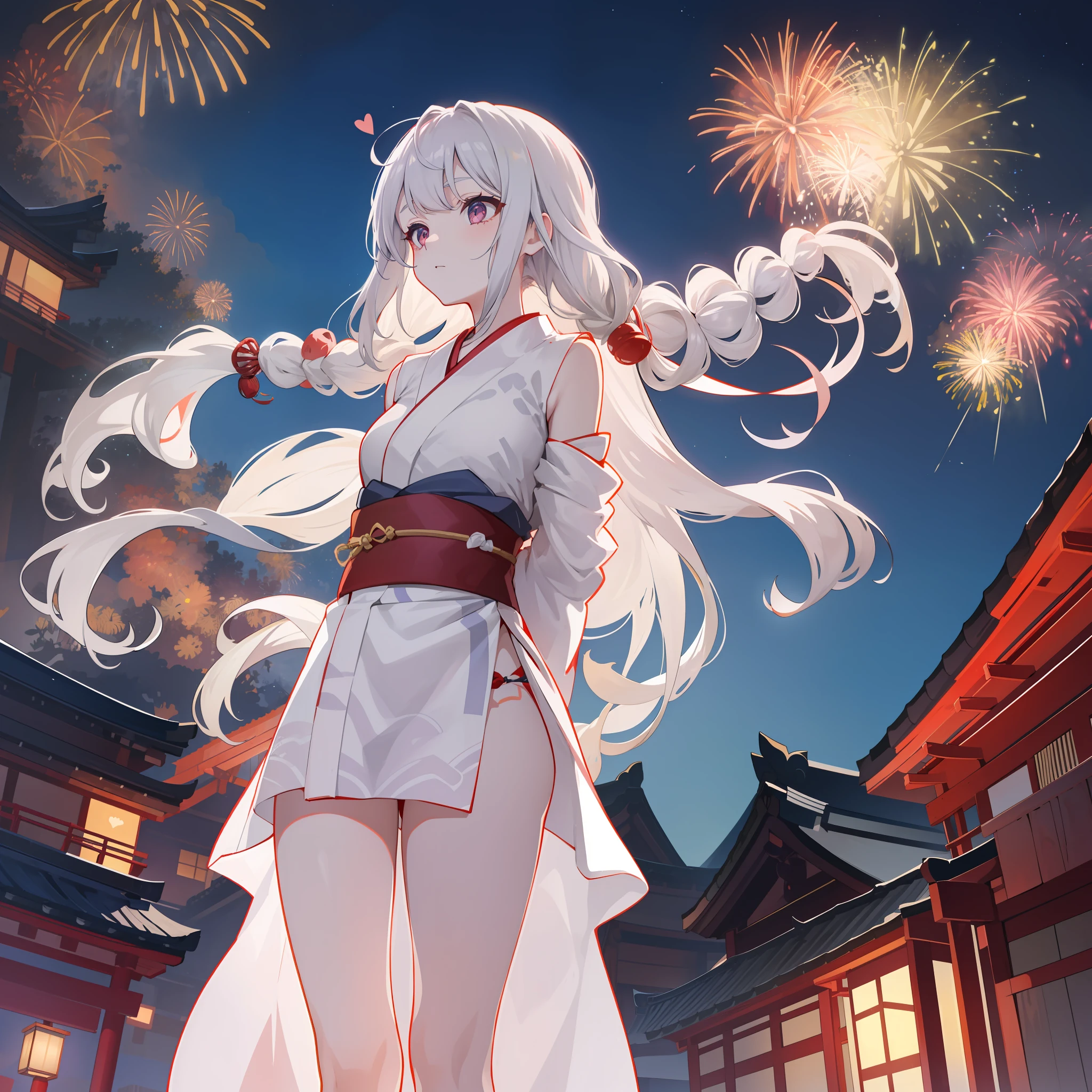 One girl, big, no underwear, ((long hair)), gray hair, pale skin, heart-shaped eyes, abnormally long braids, (((arms behind back))), looking up at fireworks, night, Japanese festivals, yukata,