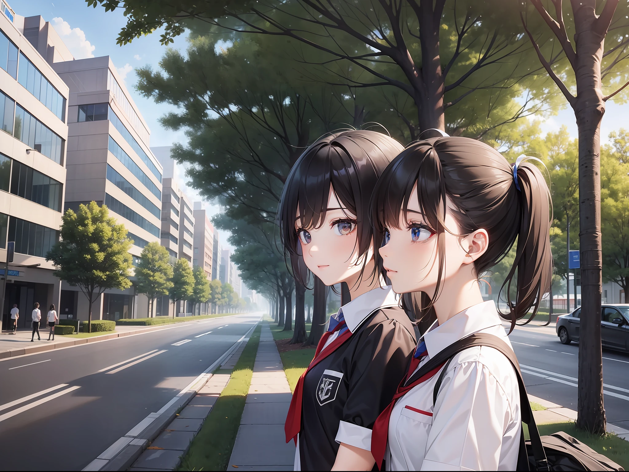 a female and a male, they are two students, wearing school uniform, lonely, rainny, around school, trees are beside the road, poddle of water reflectiing these two people, reflecting, a rainbow is on the sky, polar opposites, symmetry, panorama, perspective, ray tracing, reflection light, depth of field, close-up, masterpiece, best quality, high details, high quality, textured skin, ccurate, UHD, HD