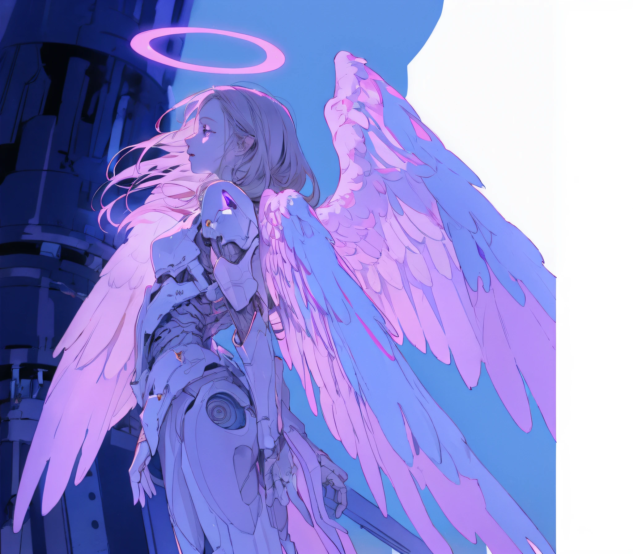 Battle Damaged Angel, waving purple wings, gently looking back, six wings