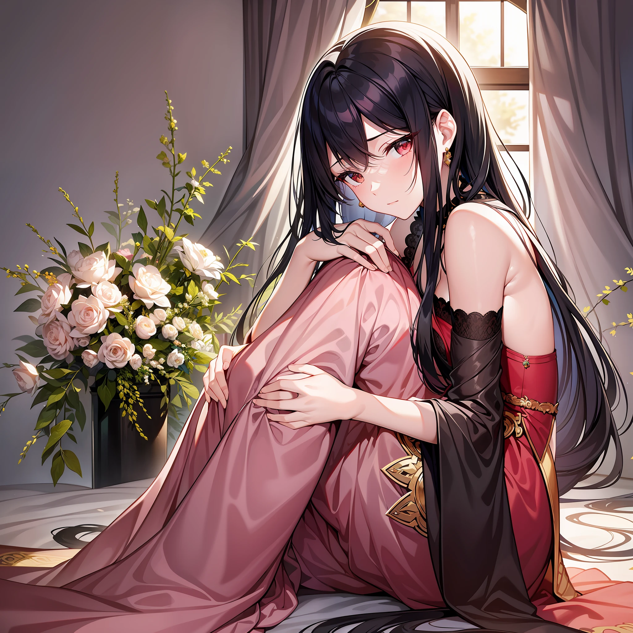 In this quiet bedroom, the black-haired female emperor sitting on the edge of the bed looked shy and feminine.

She wore a gorgeous red long dress, her long black hair was draped over her shoulders, and her pretty face showed a brave and gentle demeanor. She sat on the edge of the bed, her knees gently pressed together, her left hand supporting her chin, and her right hand caressing the hem of her skirt, like a gentle bird.

The whole picture is dominated by light pink and deep red, highlighting the gentleness and beauty of the female emperor. In the background is a white window through which you can see the green garden outside, which is very comfortable and quiet.

Through her expression and body language, this female emperor shows a shy and gentle temperament. Her eyes spread a kind of clarity and softness, as if giving people a sense of courage and comfort. Her body language does not hide her shyness, which is a delicate and feminine expression.

The whole picture conveys a gentle and idyllic atmosphere. The side face of the female emperor is like a silent picture scroll, making people feel the beauty and emotion of this moment. It is an undisguised tenderness and vulnerability, a treasure that makes people feel emotion, and also shows the tenacity and courage of the female emperor, and her image is even more charming in the combination of softness and perseverance