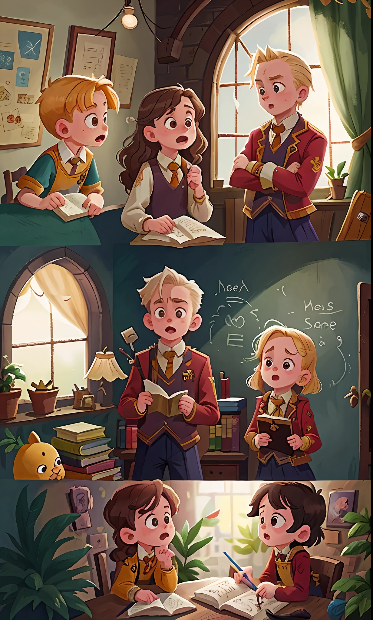 Hermione granger and draco malfoy in the hogarts castle, using your uniforms of school, happy
