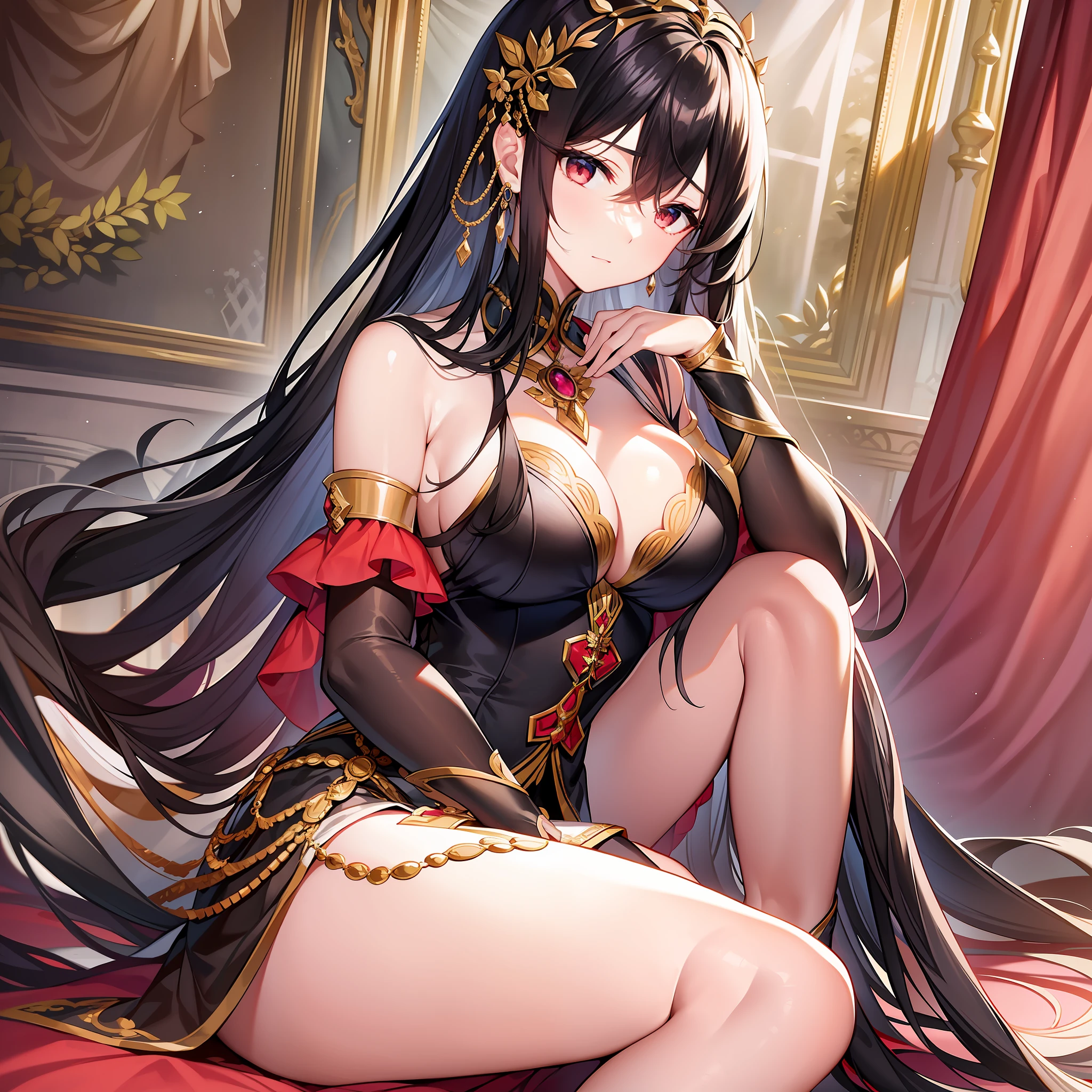 In this quiet bedroom, the black-haired female emperor sitting on the edge of the bed looked shy and feminine.
She wore a gorgeous red long dress, her long black hair was draped over her shoulders, and her pretty face showed a brave and gentle demeanor. She sat on the edge of the bed, her knees gently pressed together, her left hand supporting her chin, and her right hand caressing the hem of her skirt, like a gentle bird.
The whole picture is dominated by light pink and deep red, highlighting the gentleness and beauty of the female emperor. The background is night
Through her expression and body language, this female emperor shows a shy and gentle temperament. Her eyes spread a kind of clarity and softness, as if giving people a sense of courage and comfort. Her body language does not hide her shyness, which is a delicate and feminine expression.
The whole picture conveys a gentle and idyllic atmosphere. The side face of the female emperor is like a silent picture scroll, making people feel the beauty and emotion of this moment. It is an undisguised tenderness and vulnerability, a treasure that makes people feel emotion, and also shows the tenacity and courage of the female emperor, and her image is even more charming in the combination of softness and perseverance