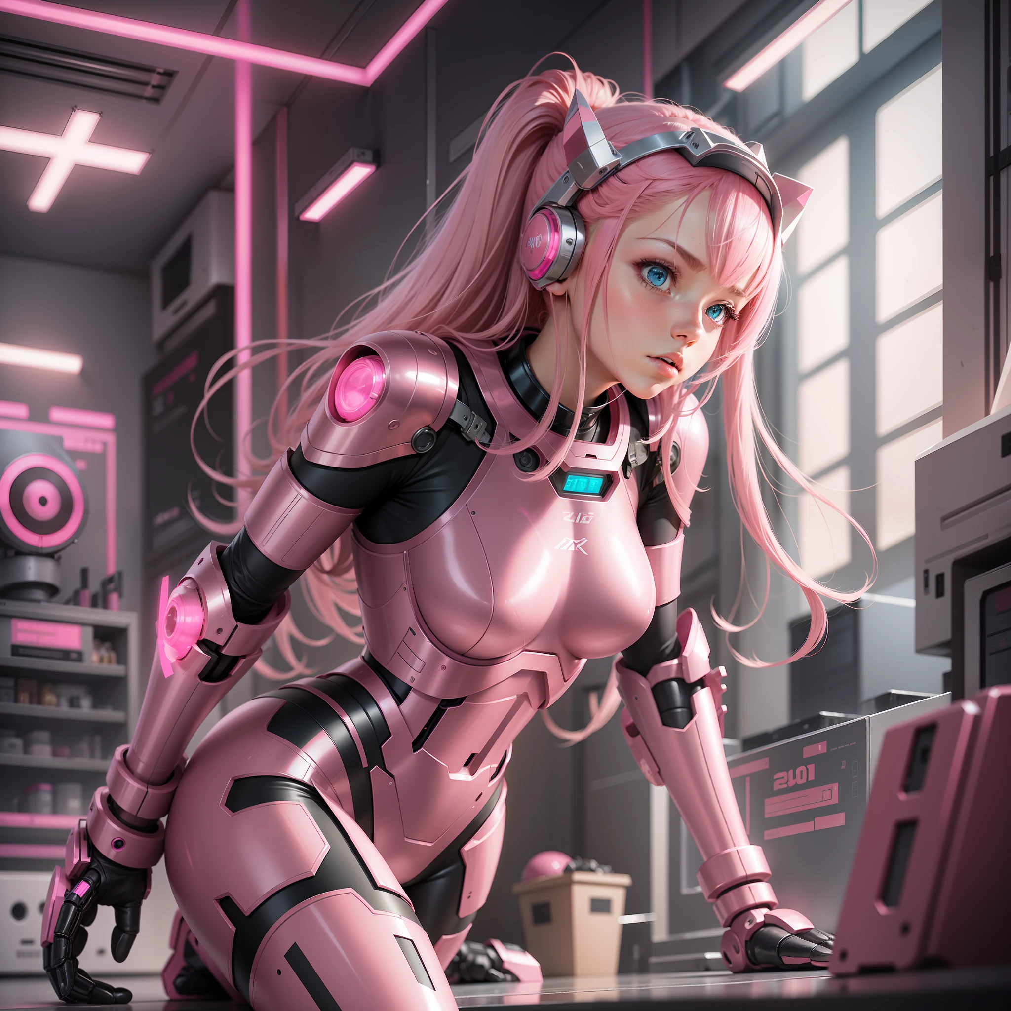 A pink robotic armor, pink robot, inside a lab, pink hair, zero two, adult woman, athletic body