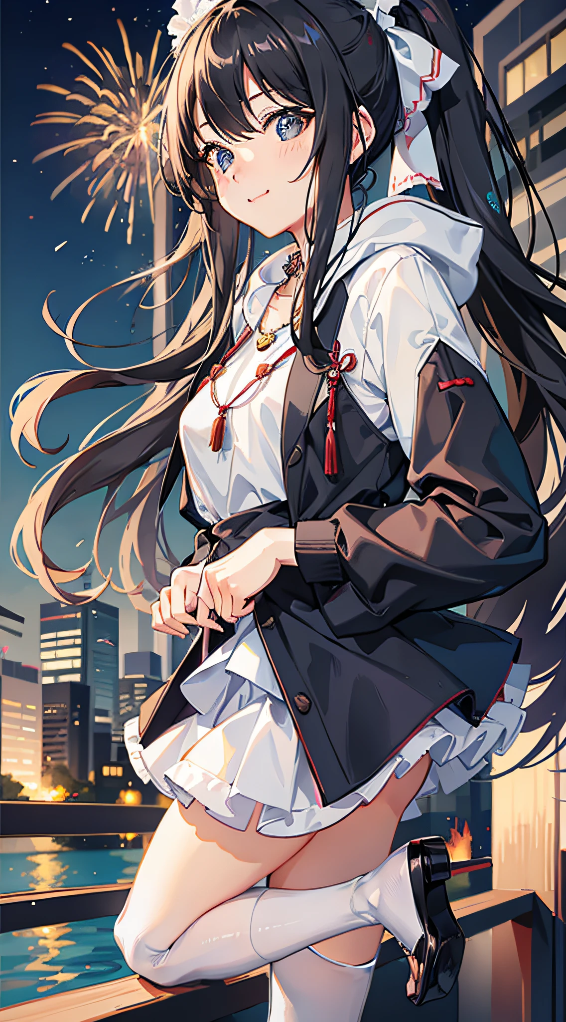 blushing, girl, fine eyes, looking at you, floating hair, delicate facial features, high quality, high resolution, high detail, student, cute, long hair, double ponytail, smile, watery eyes, squinting, hooded sweatshirt, miniskirt, black silk, over-the-knee socks, ribbon hair accessories, necklace, detail background, bust shot, lively Spring Festival, dull hair, flowing hair, black hair, fireworks, white stockings, leg hugging