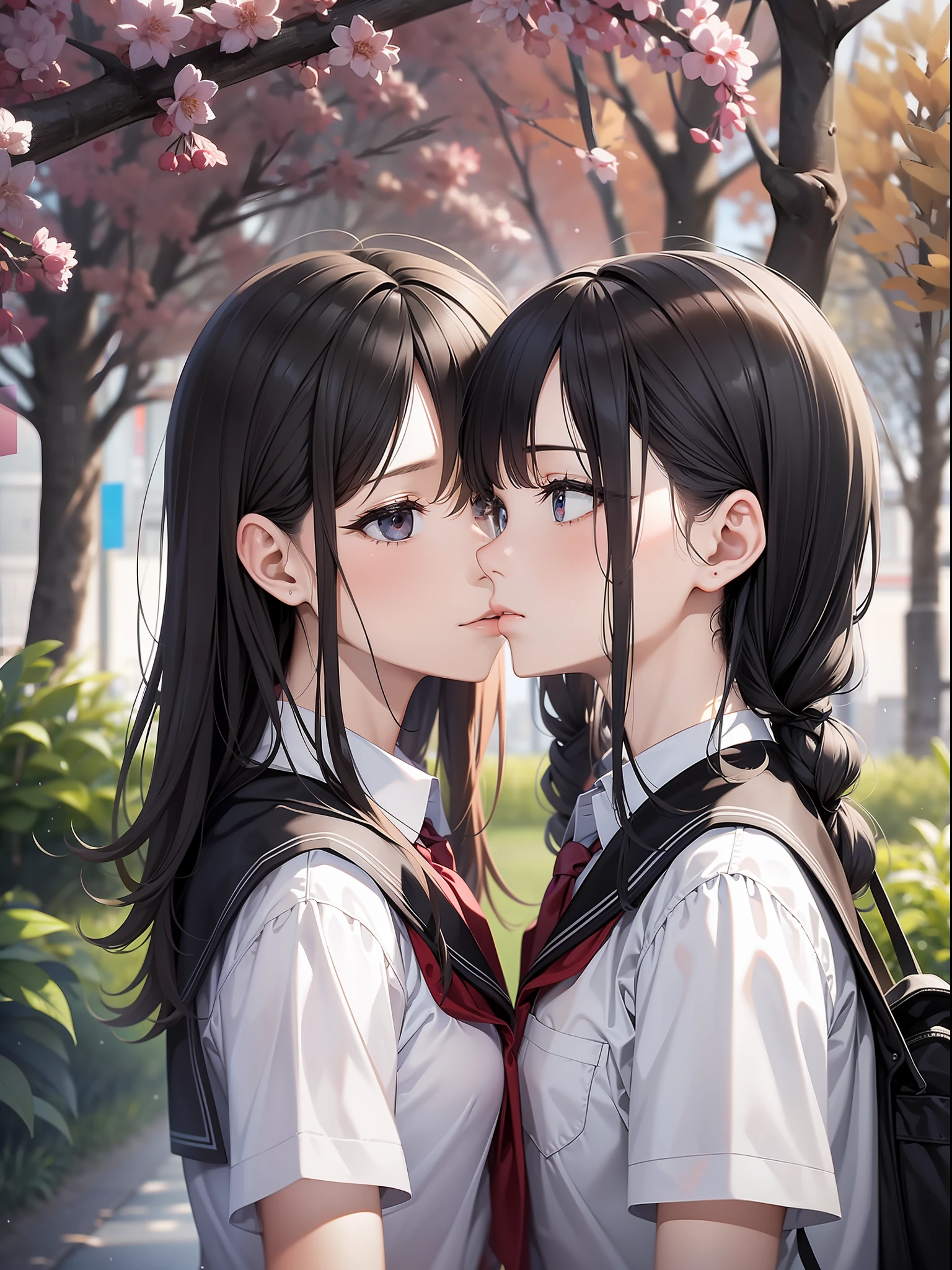 a female and a male, they are two students, wearing school uniform, lonely, rainny, around school, trees are beside the road, poddle of water reflectiing these two people, reflecting, a rainbow is on the sky, polar opposites, symmetry, panorama, perspective, ray tracing, reflection light, depth of field, close-up, masterpiece, best quality, high details, high quality, textured skin, ccurate, UHD, HD