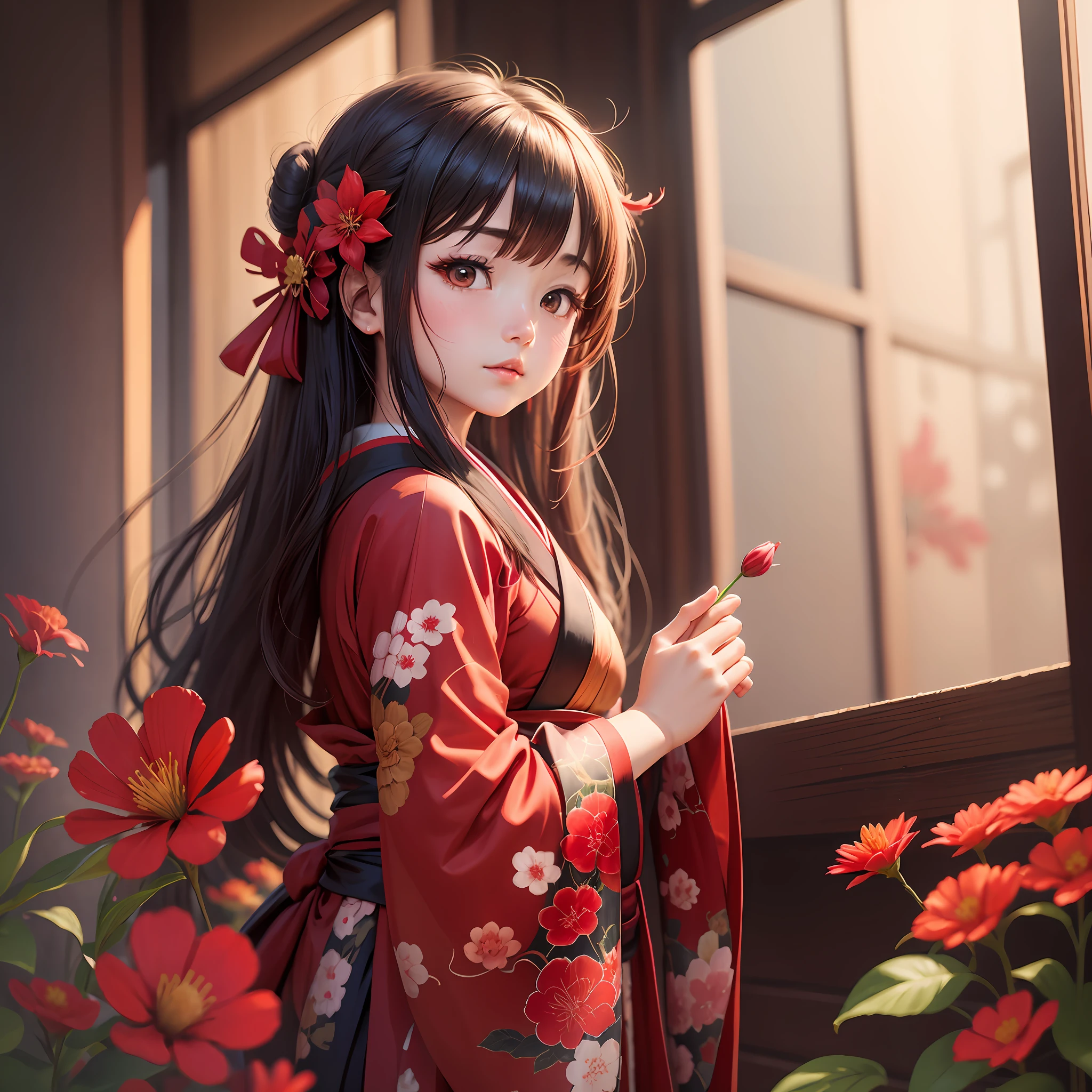 Red higan flower, red, kimono girl, girl, shining light, --auto --s2