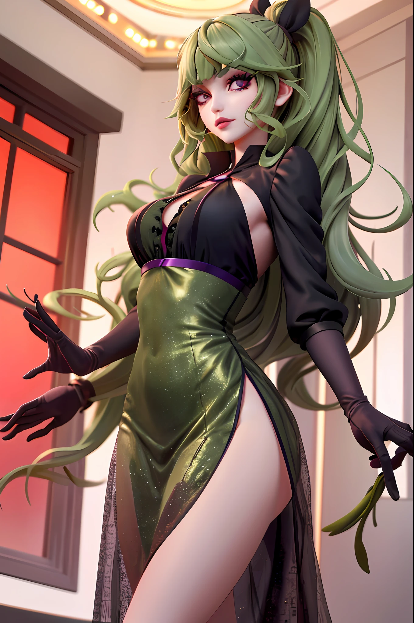 A girl with olive green hair, straight with hime cut, black eyes, long and beautiful eyelashes, red and juicy lips, slim and perfect silhouette, velvet red dress, semi-realistic style, mysterious, violet lights, background of purple windows,
