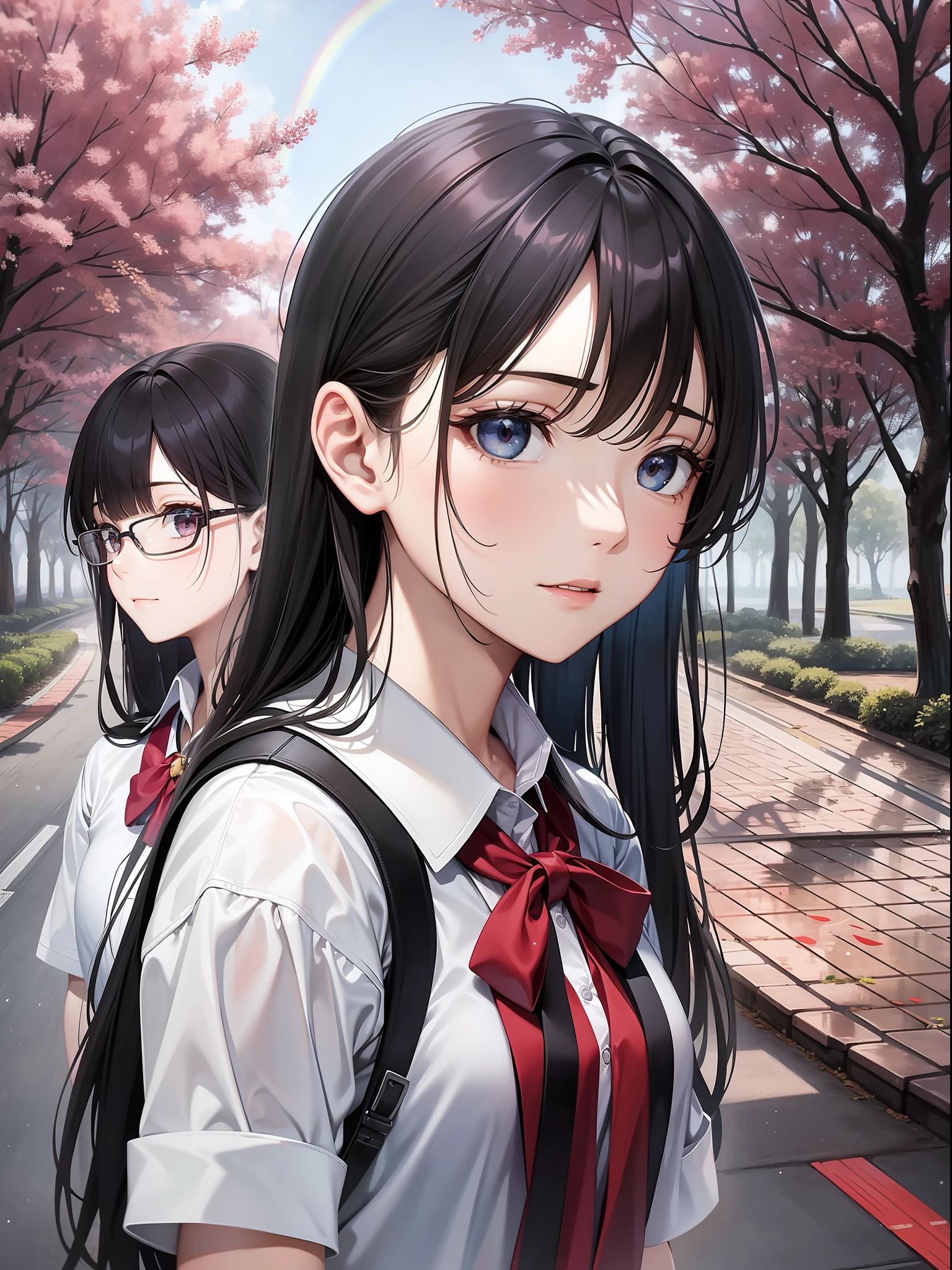 a female and a male, they are two students, wearing school uniform, lonely, rainny, around school, trees are beside the road, poddle of water reflectiing these two people, reflecting, a rainbow is on the sky, polar opposites, symmetry, panorama, perspective, ray tracing, reflection light, depth of field, close-up, masterpiece, best quality, high details, high quality, textured skin, ccurate, UHD, HD