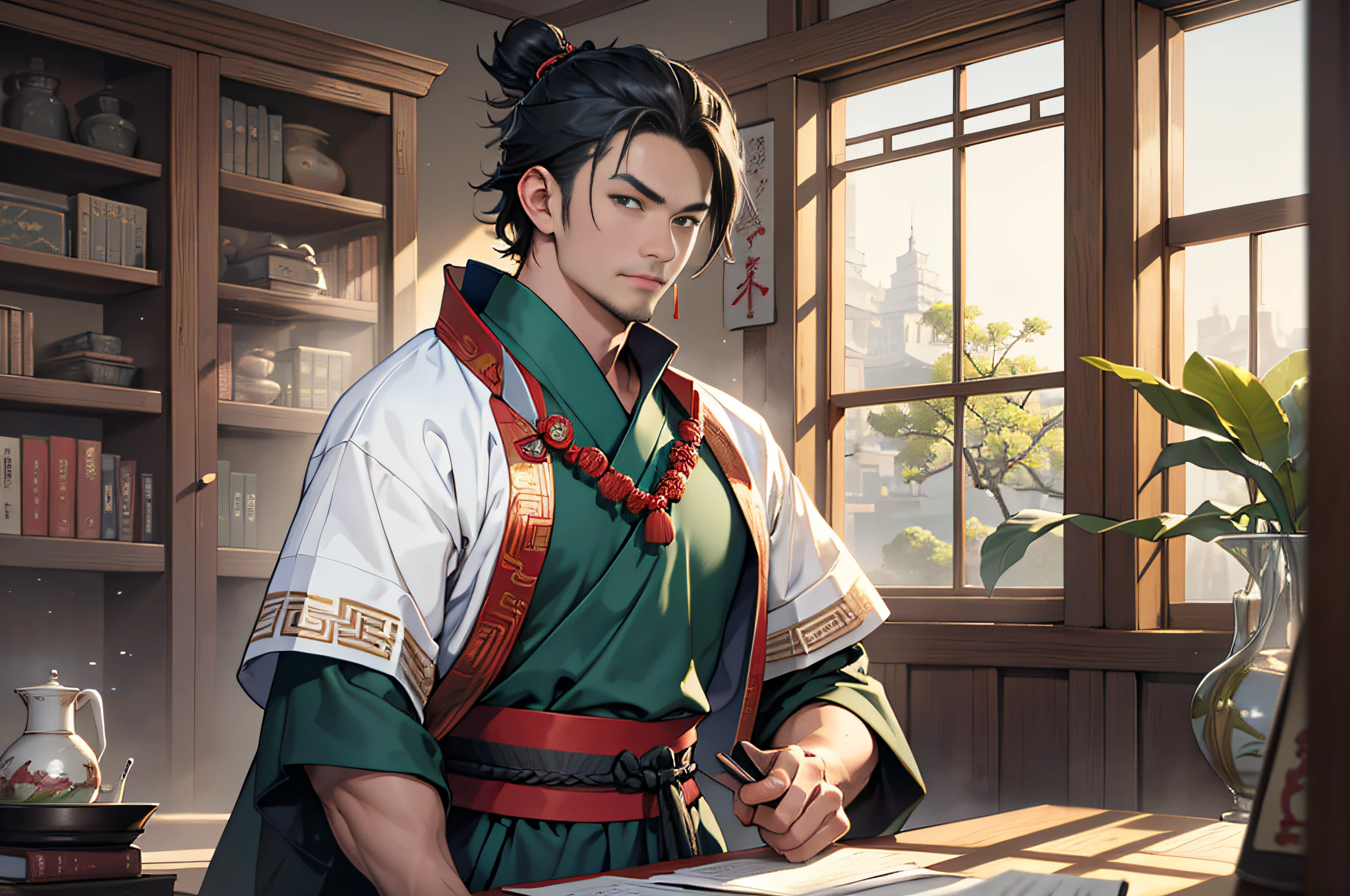 Best quality, masterpiece, high resolution, 1boy, ancient Chinese, 18 years old, samurai head, tall, tall, arrogant, standing, clear face, no stubble, green exercise clothes, rows, bookshelf, library cabinet, 4k, 8k. Chinese ancient style. (High Detail Skin: 1.2), 8K UHD, DSLR, Soft Light, High Quality, Volumetric Light, Voyeur, Photo, High Resolution, 4K, 8K.