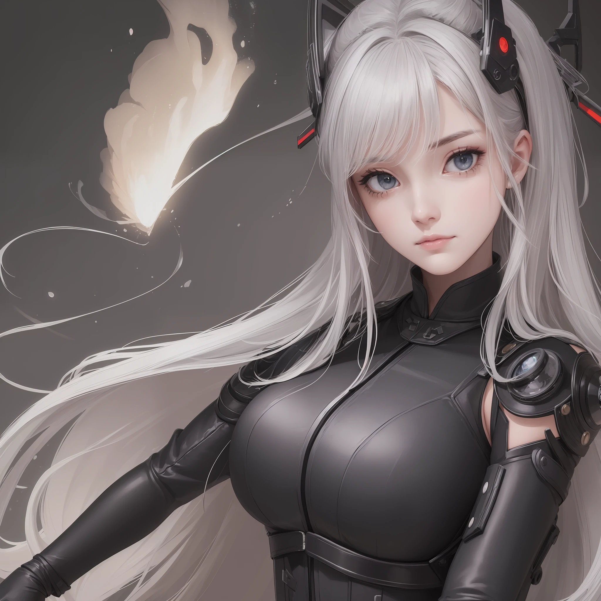 ((high quality, masterpiece:1.4)), 1girl, upper body, cyberpunk, black techwear, black gloves, white hair, japanese girl, symmetrical face, symmetrical eyes, looking at viewer, grey eyes, pretty face, beautiful face, beautiful eyes, beautiful girl, pretty girl, perfect facial shape, absurdres, realistic proportions, dynamic pose, high details, intricate, intricate details, realistic eyes, realistic eye proportions, sharp focus, 32k, realistic lighting, extreme details, realistic pupils, realistic proportion eyes, realistic proportions pupils, realistic shadows,