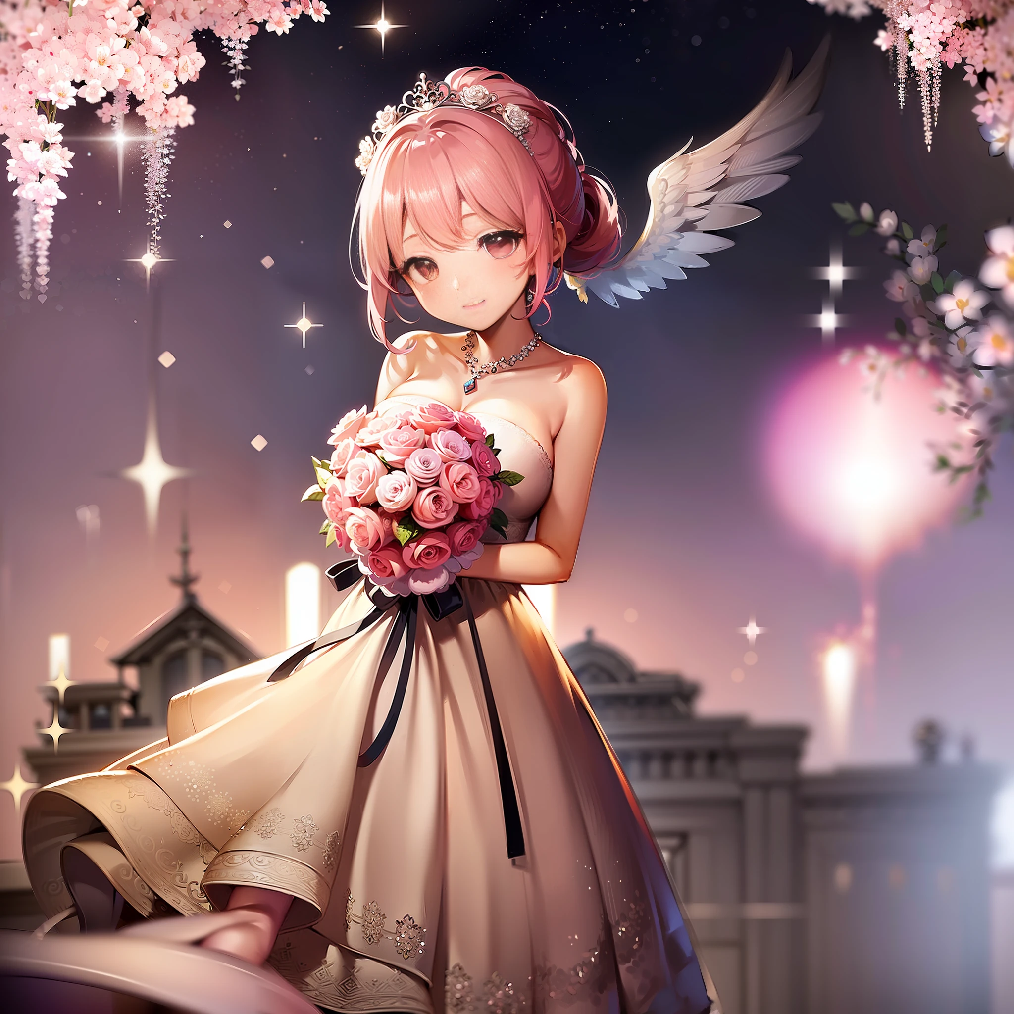 ((Masterpiece)), (((highest image quality)))), ((Super detail)), ((Illustration)), Fine Detail, Super Detail CG Unified 8k, Hi-Res, {Beautiful Detail Eyes}, Fine Detail, Beautiful Detail Eyes, anine illustration, Masterpiece, Best Quality, Beautiful Face, Front Light, Look Viewer, (((1girl)), Holding a Bouquet of Flowers Smiling, HappyWearing a white off-shoulder wedding dress, chiffon long wedding dress, with delicate lace and pearl decoration in the shape of a flower, blissful, delicate decorative accessories necklace, front view, ((gradient, pink ponytail)), beautiful, photo pose, Bright tone, bridal long veil, shiny tiara, flowers, pink hair, masterpiece background, open space full of flowers, light and wings pouring down from the sky, blue sky