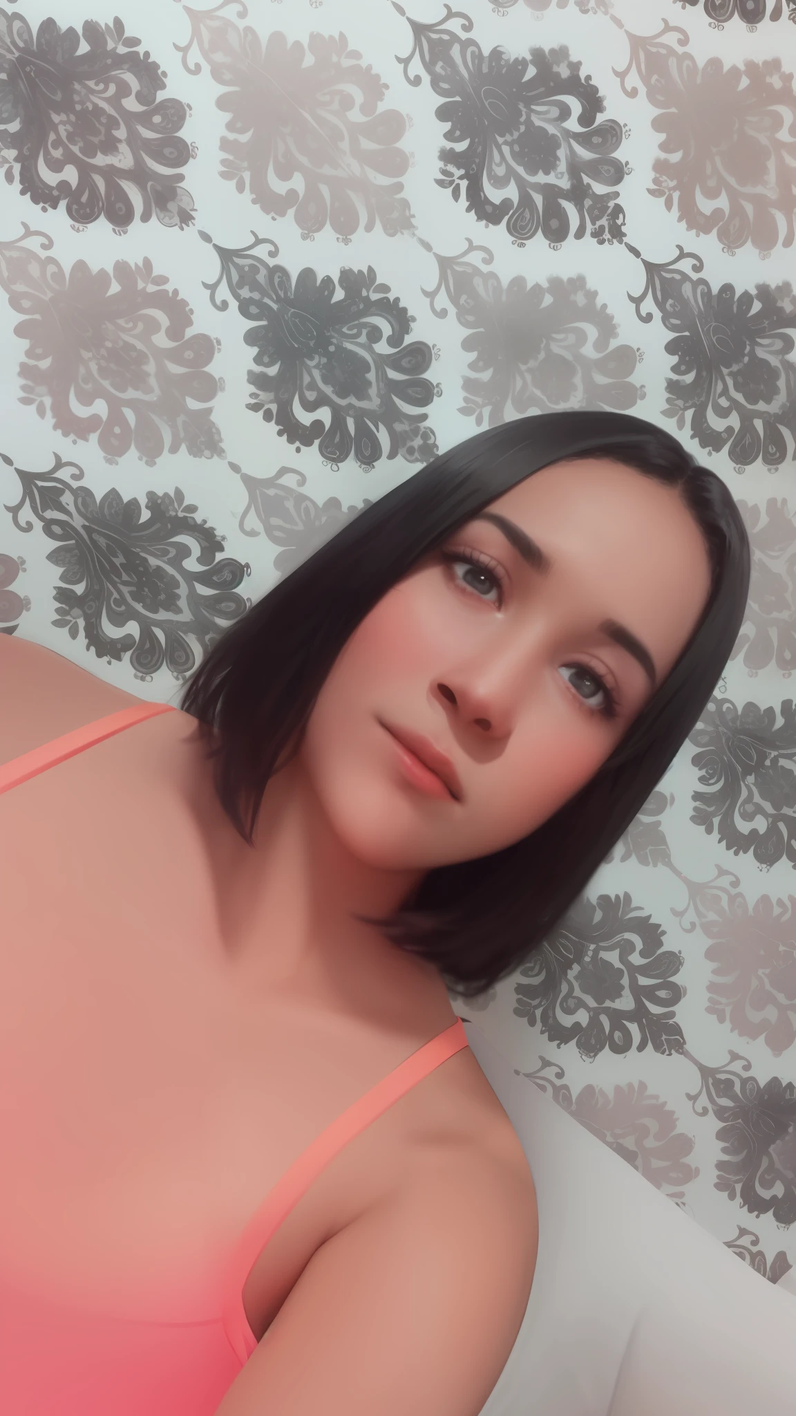 28 year old girl, black hair, black eyes, psychedelic background