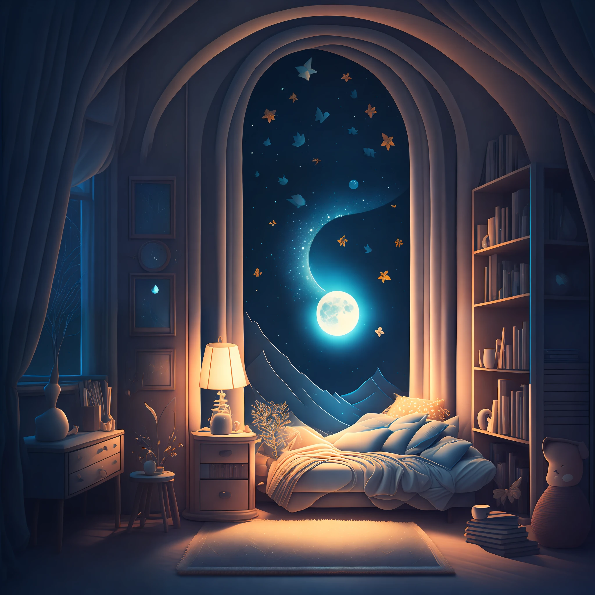 a cozy room at night, moonlight shining through the window, detailed illustration, cartoons