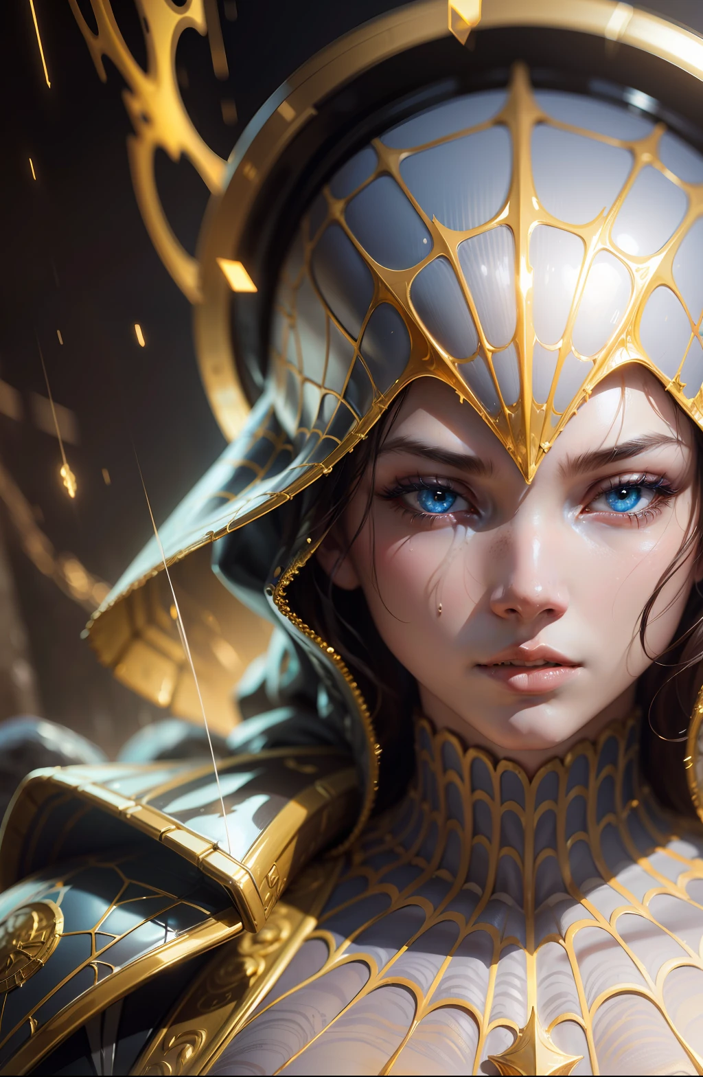 gold and white, spiderman, melted drip suit, heavy rain, magical, highly detailed, trending in artstation, unreal engine 4k, stanley artgerm lau cinematic wallpaper, wlop, rossdraws, james jean, andrei riabovitchev, marc simonetti, yoshitaka amano. james jean and gustav klimt background, julie bell light, 4k, porcelain skin, zdislaw beksinski style, detailed, 8k, dynamic lighting, white chromatic aberration, waterlogged