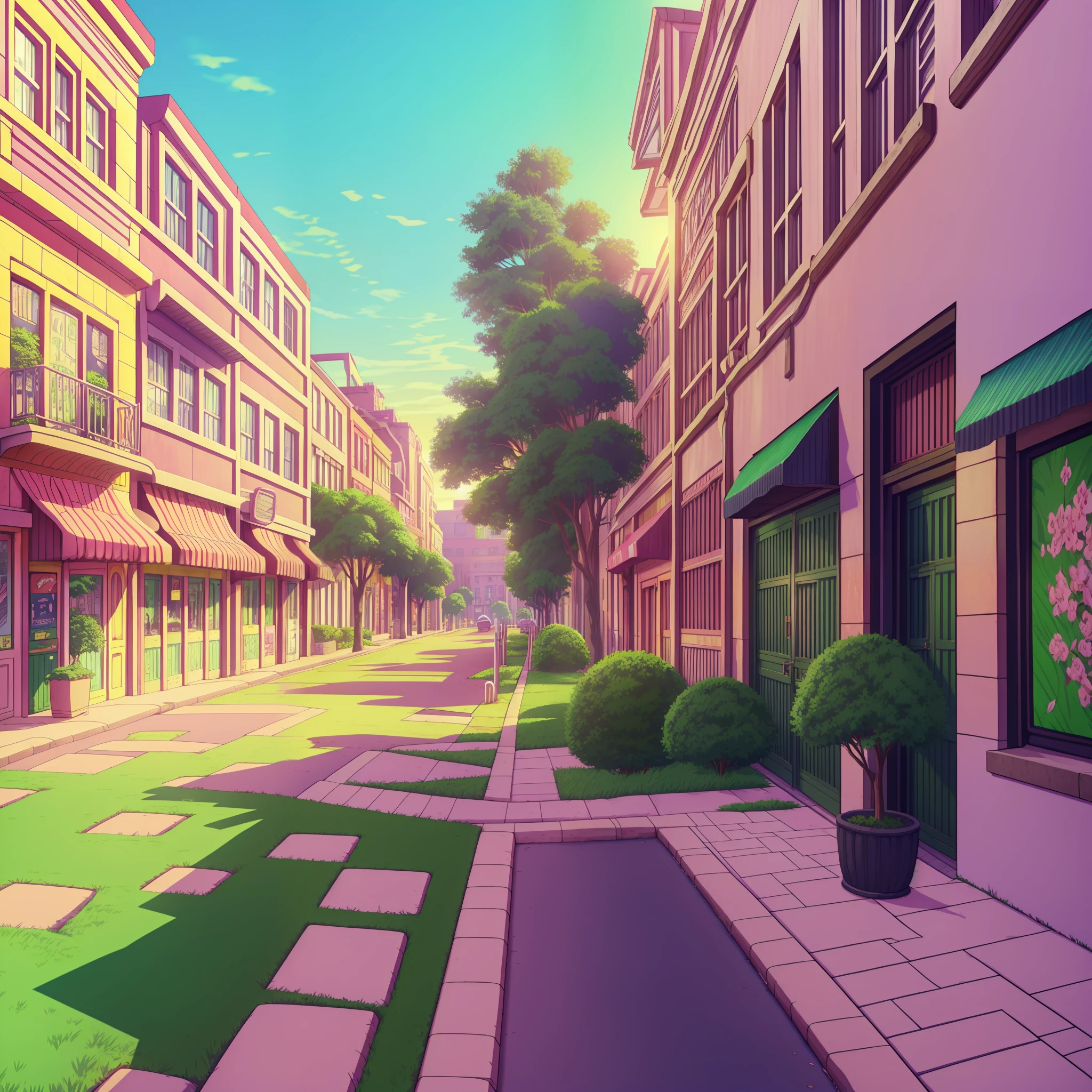 cartoon illustration of a street with a pink gate and a green tree, town center background, city street view background, mall background, town background, background art, background artwork, street background, random background scene, 2 d game art background, wallpaper!, city ruins background, highschool background, anime style cityscape, anime background art, park background, volley court background