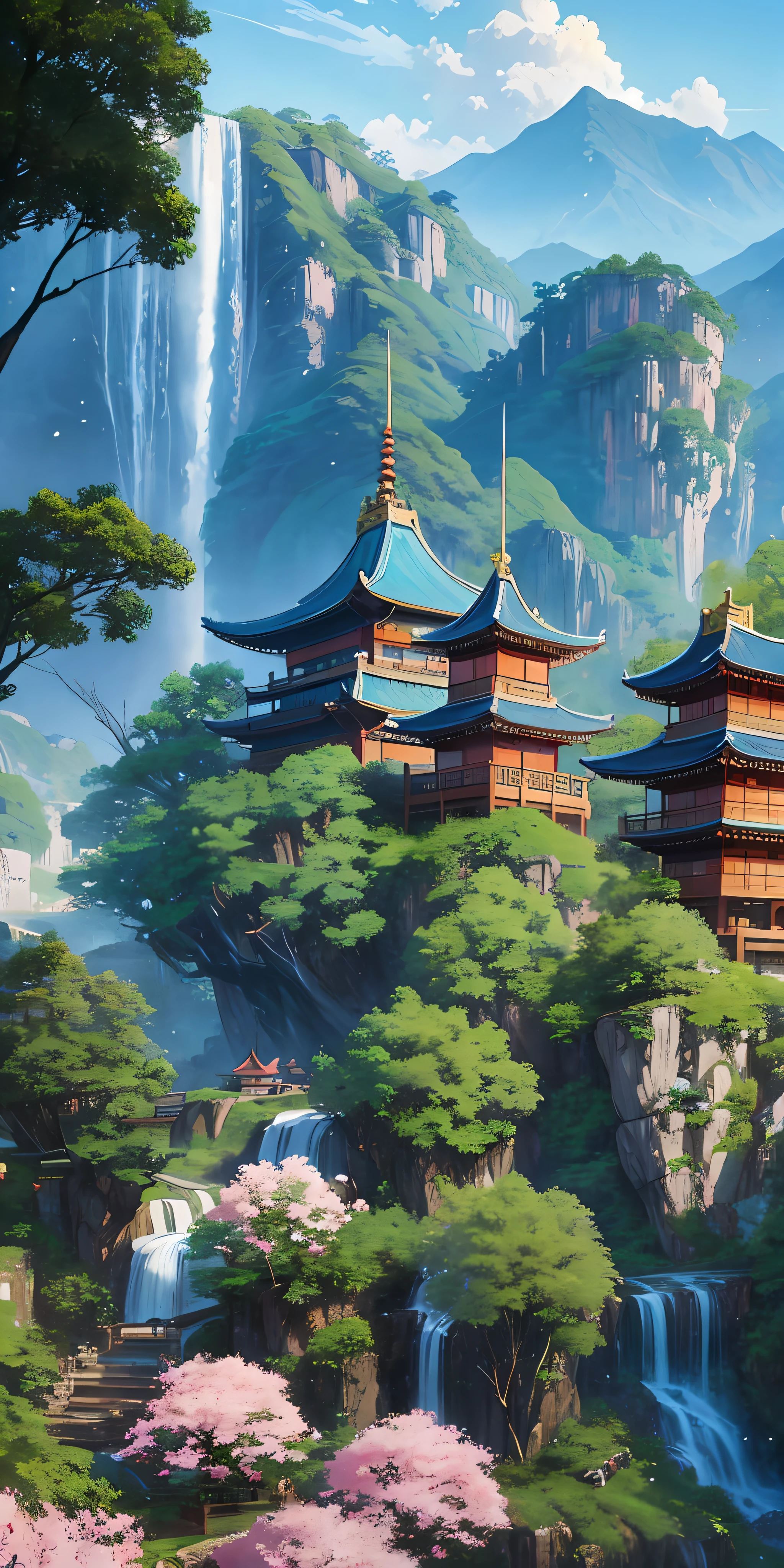 Mountain view with waterfall and pagoda in the middle, painted scene by Han Gan, winner of cg society competition, fantasy art, dreamy Chinese town, Chinese landscape, Chinese fantasy, made of trees and fantasy valley, ancient city view, order Impressive fantasy landscape, most epic landscape, pagoda on hill, mountainous jungle environment, avatar landscape, chinese village.