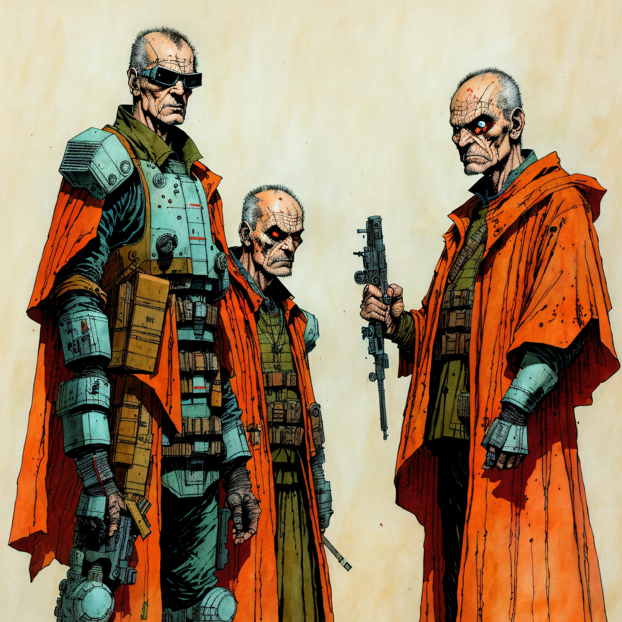 wise mad, old, crazy, studying, science fiction, complex scene   futuristic, post-apocalyptic
dark, dim light, dark-scene, orange-scale
(  ink sketch by Enki Bilal)((masterpiece, best quality, )),