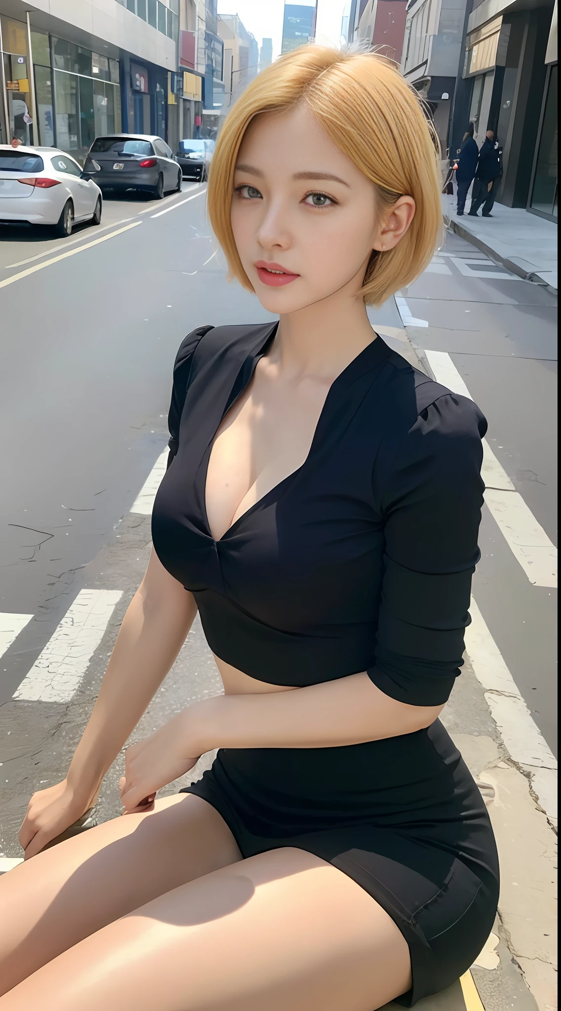 ((Realistic lighting, top quality, 8K, Masterpiece: 1.3)), Focus: 1.2, 1 girl, Perfect figure: 1.4, Slim abs: 1.1, ((Bright golden hair, short cut hair,)), (Black dress: 1.4), (Outdoor, Night: 1.1), Bust Size D. Cup, Chest that is extremely open, Chest visible, visible, Short cut hair, Bright golden hair, city streets, ultra-fine face, narrow eyes, double eyelids,