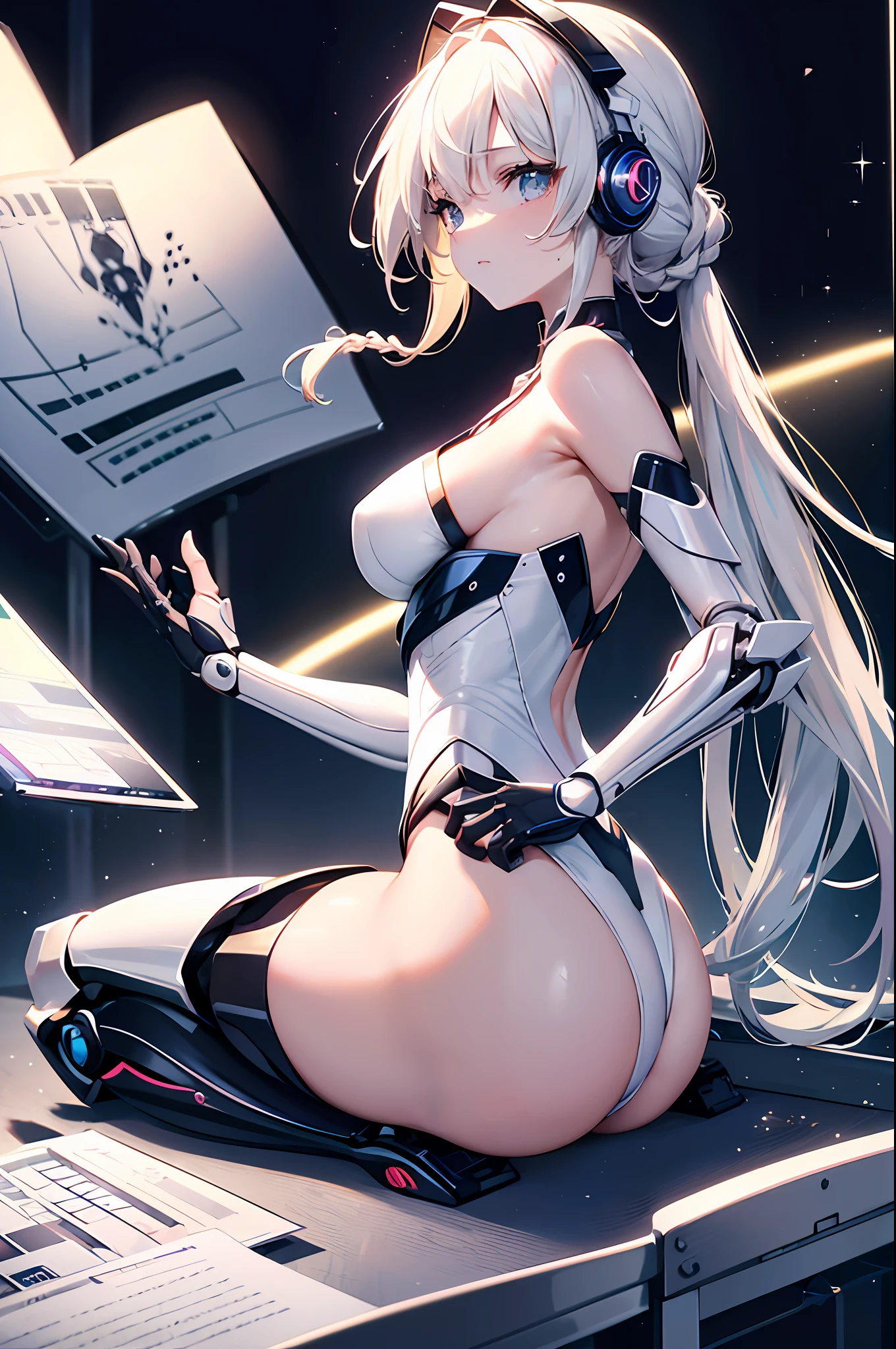 Top quality, masterpiece, very precise detail, absurdity, very fine 8KCG wallpaper, very delicate and beautiful girl, highly detailed character, incredibly beautiful, (transcendent robot beautiful girl: 1.5), braid, break, show (buttocks), shoulder blades, flanks, back, (exoskeleton leotard), (mechanical limbs), (bare shoulders and armpits), absolute area, rest, headphones, sitting, desk work, desk and PC monitor, night, fluorescent light,