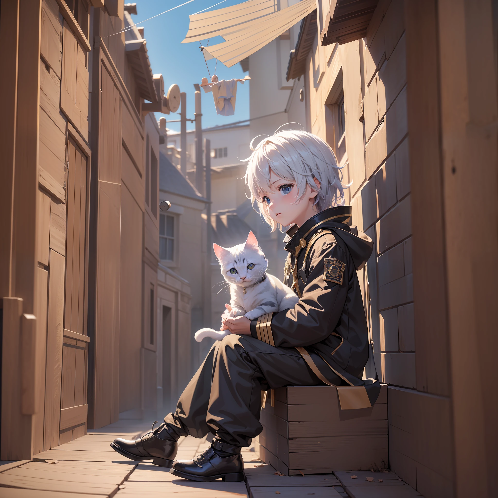 (Extreme detail CG Unity 8K wallpaper, masterpiece, highest quality), (exquisite light and shadow, highly dramatic picture, cinematic lens effect), imaginative creative, a sitting on the eaves, two kittens, kite