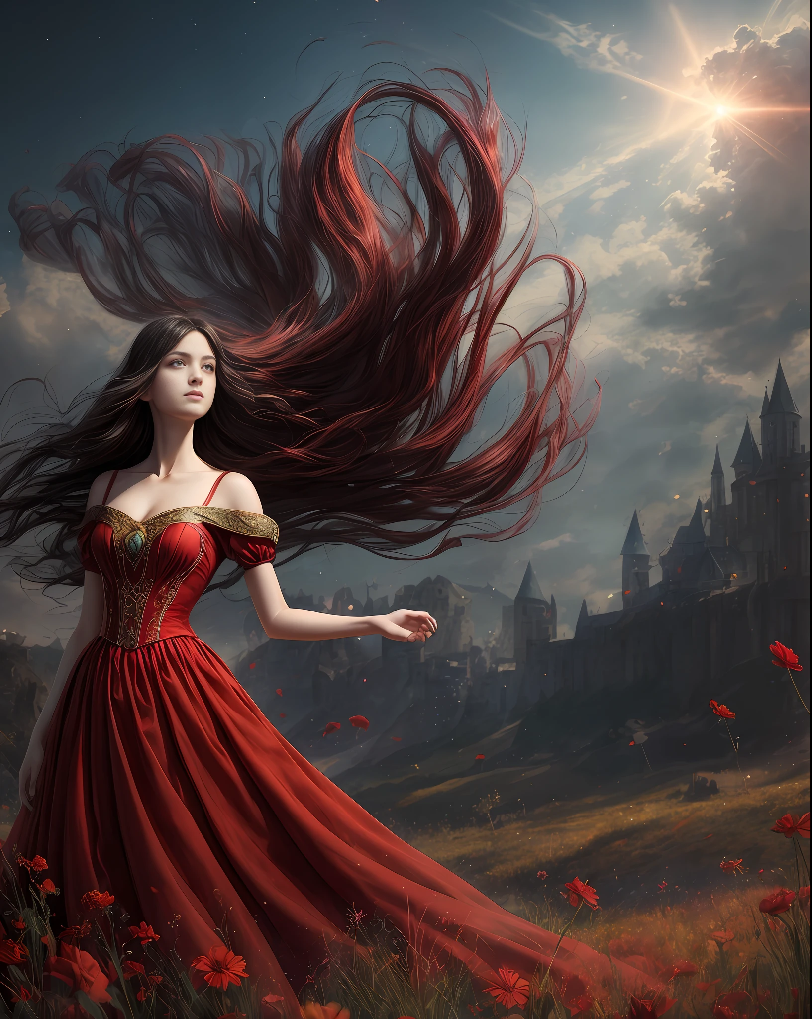 A woman in a red dress standing in a field of flowers - SeaArt AI