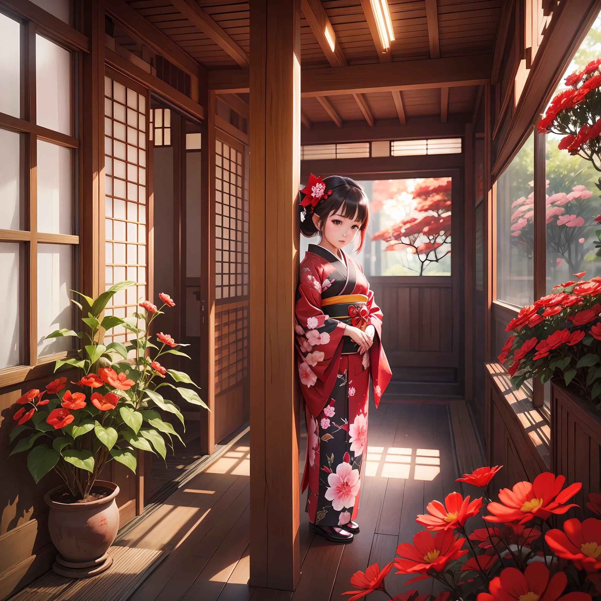 Red higan flower, red, kimono girl, girl, shining light, --auto --s2