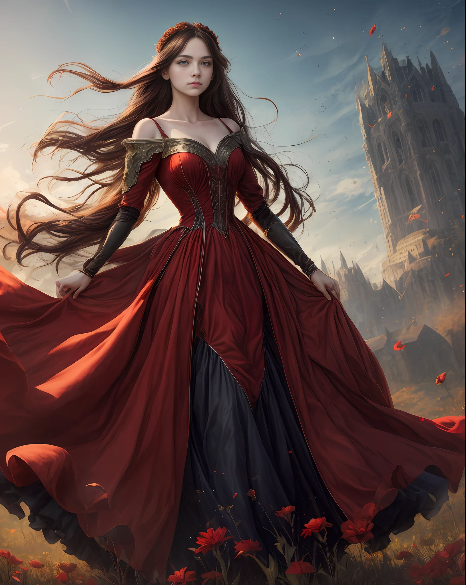 (best quality, masterpiece), young woman, medieval princess red dress, pose, particle, wind, flower, upper body, sunny morning background, looking at viewer, long straight windblown black hair, detailded blue eyes, galaxy, backlit, rimlight, beautiful artwork, perfect composition