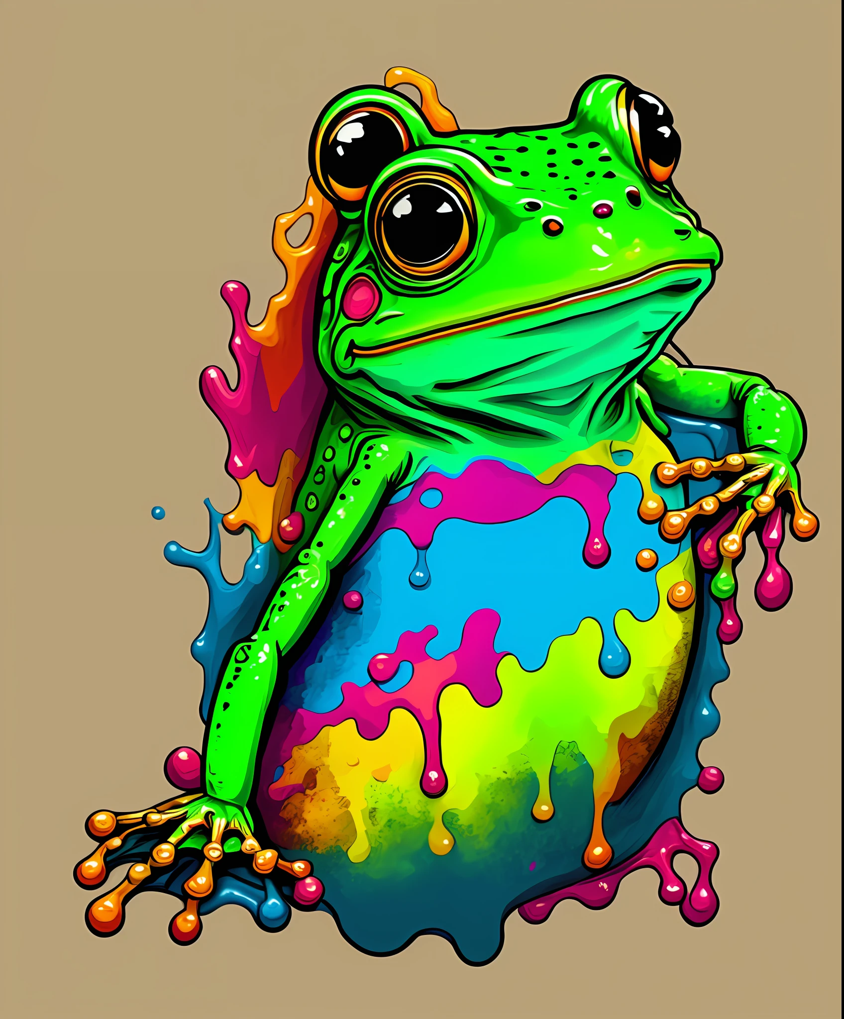 (Portrait of a frog in colorful fluid l:1), T-shirt logo in tapered thin contour style, orthographic view, art (sky background: 1.4)