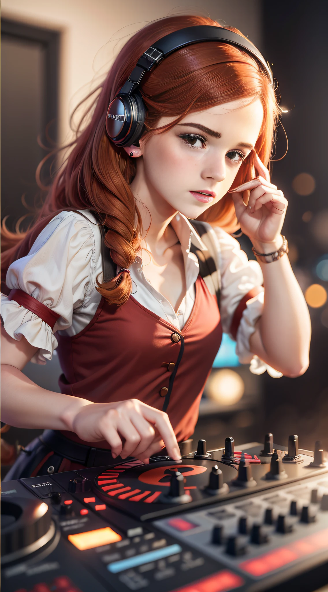 A red ponytailed European girl (Emma Watson) DJing