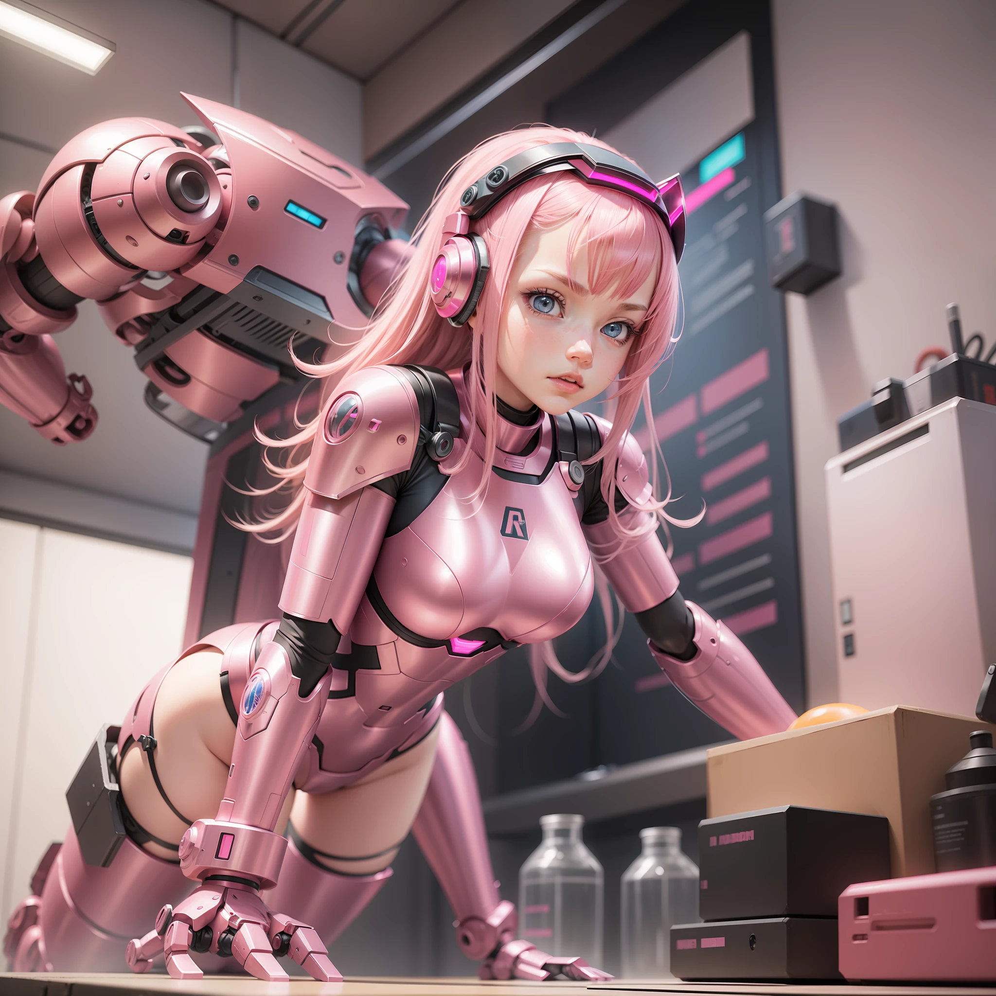 A pink robotic armor, pink robot, inside a lab, pink hair, zero two, adult woman, athletic body, iron woman