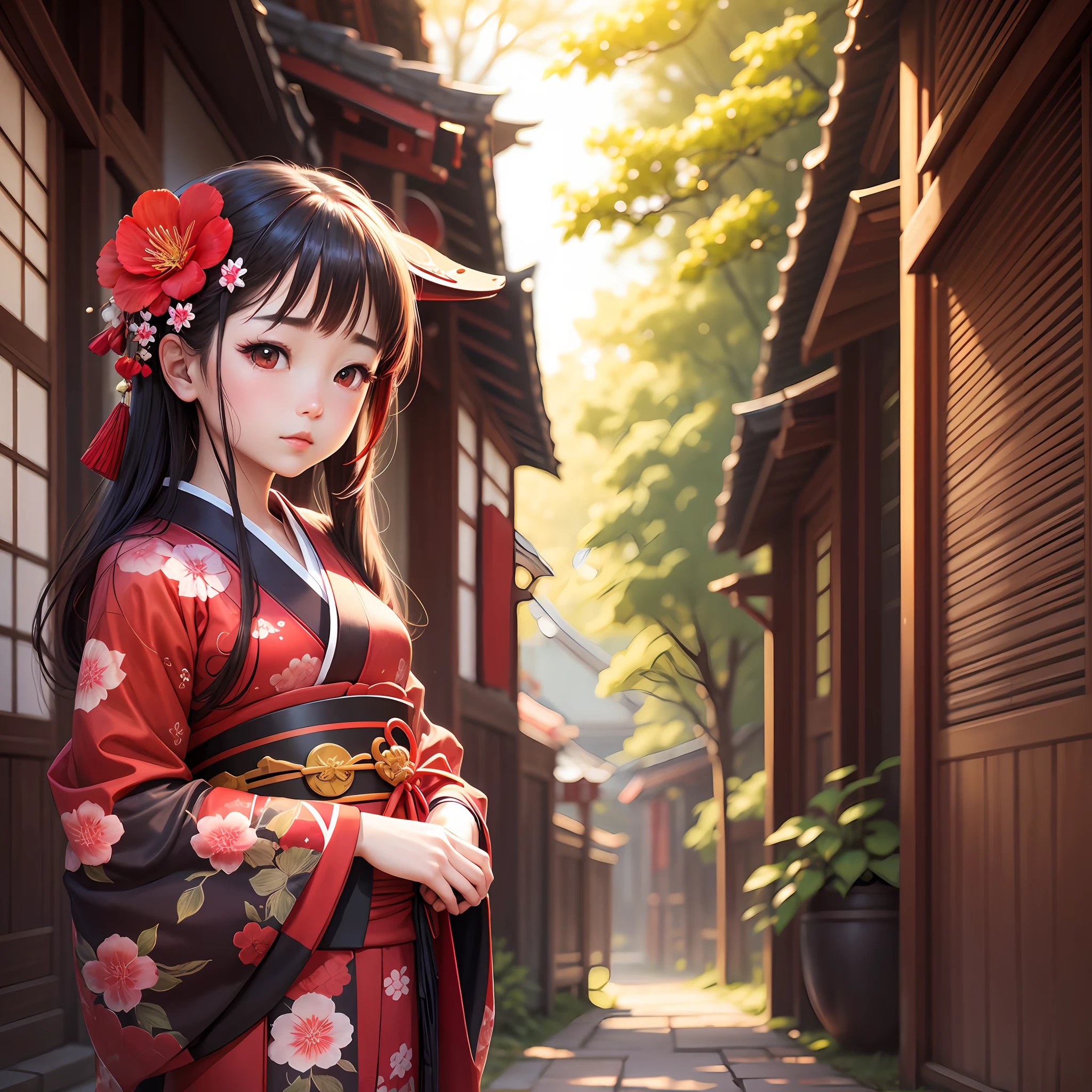 Red higan flower, red, kimono girl, girl, shining light, --auto --s2