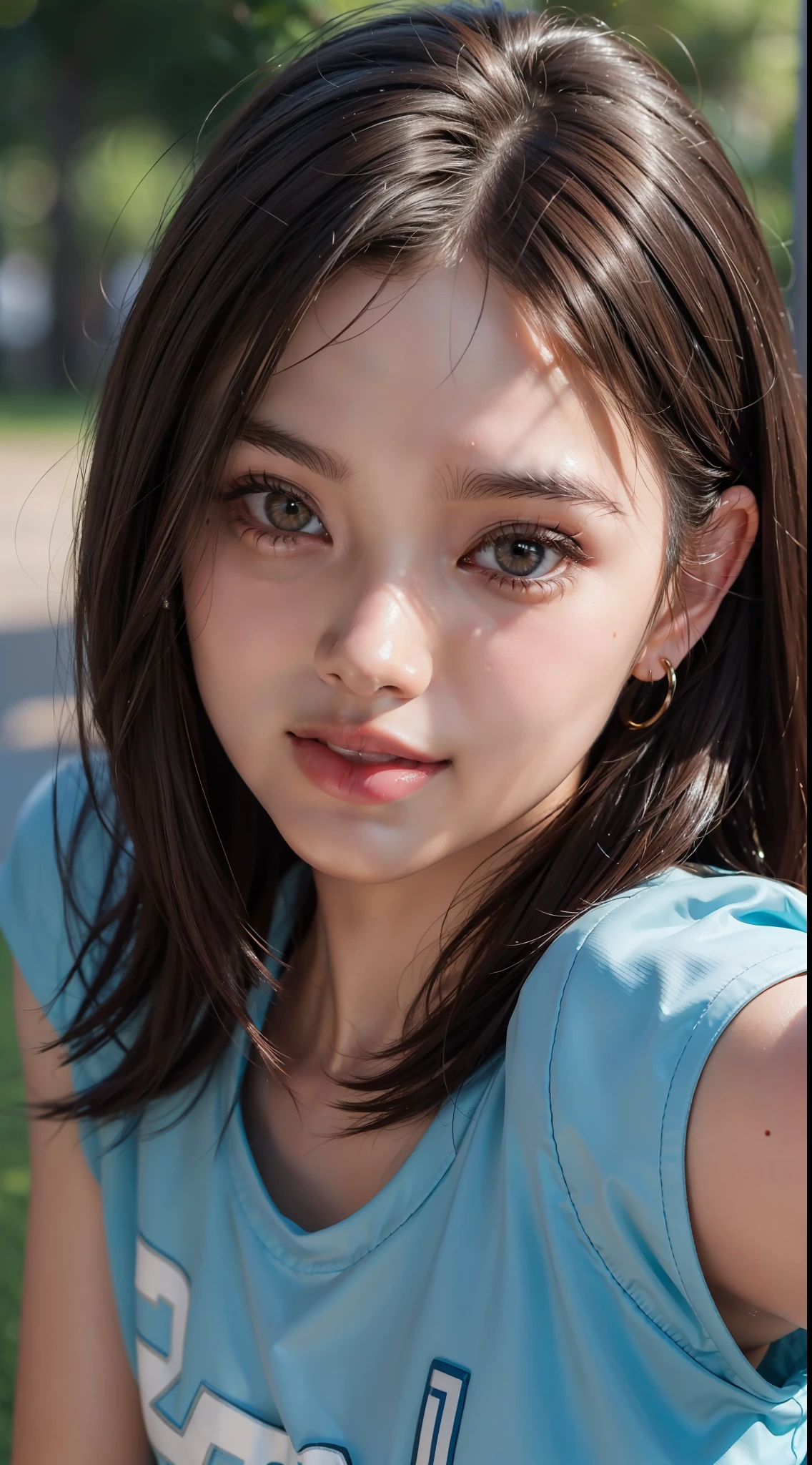 upper body, masterpiece, best quality, raw photo, photorealistic, big, face light, shiny skin, high resolution, super detail, detail, detailed eyes and face, sharp pupils, realistic pupils, sharp focus, shiny skin, cute smile, brown hair, sporty clothes, long hair, tongue sticking out, mouth open, beautiful tongue