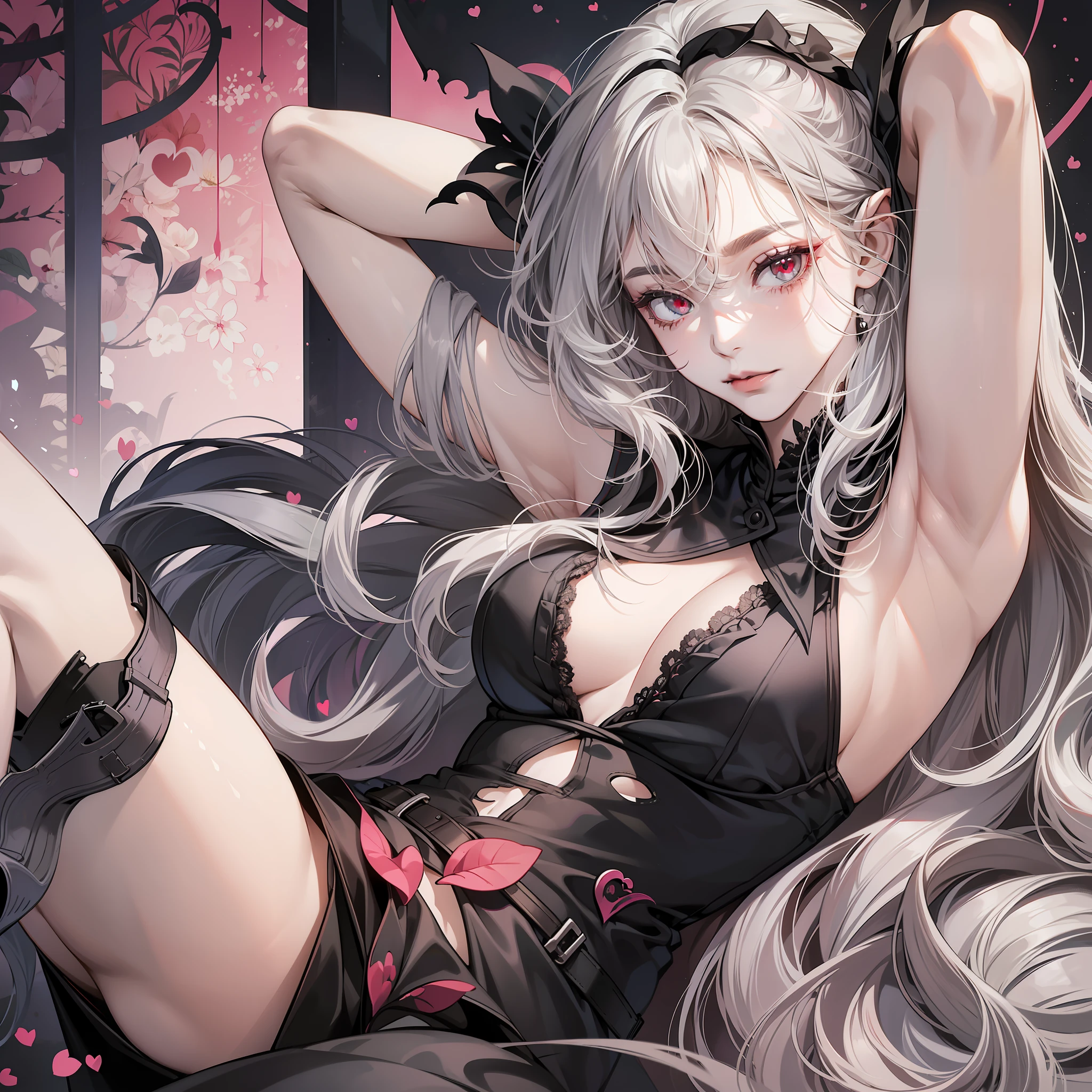 One girl, big, vampire, no underwear, (((long hair)), gray hair, pale skin, torn dress, heart-shaped eyes, abnormally long hair, (((arms back)))),