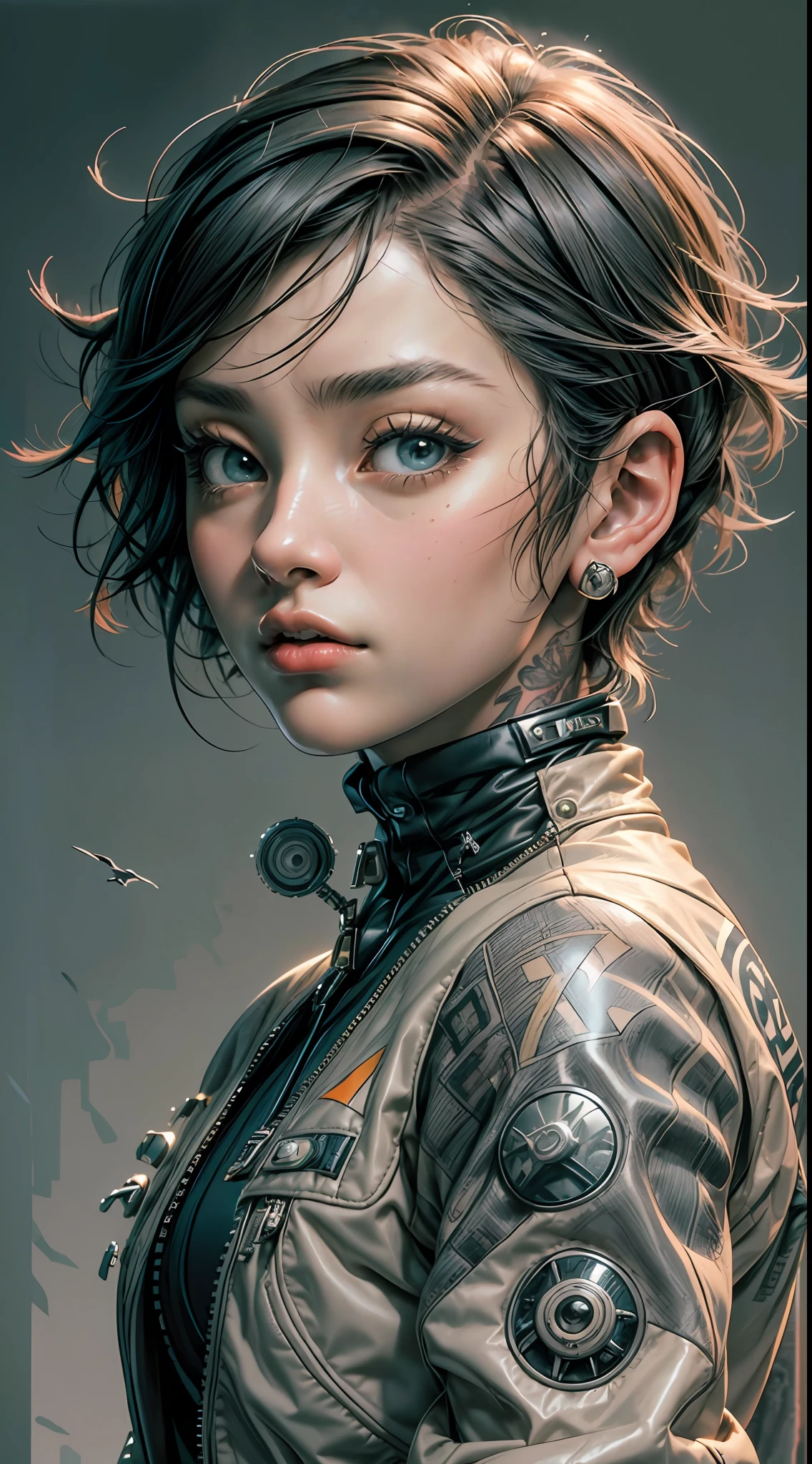 magazine cover,realistic,photo,35mm,cinematic(1woman with super puffer balenciaga jacket with short hair,neck tattoos)colorful background graphite,ultra sharp
