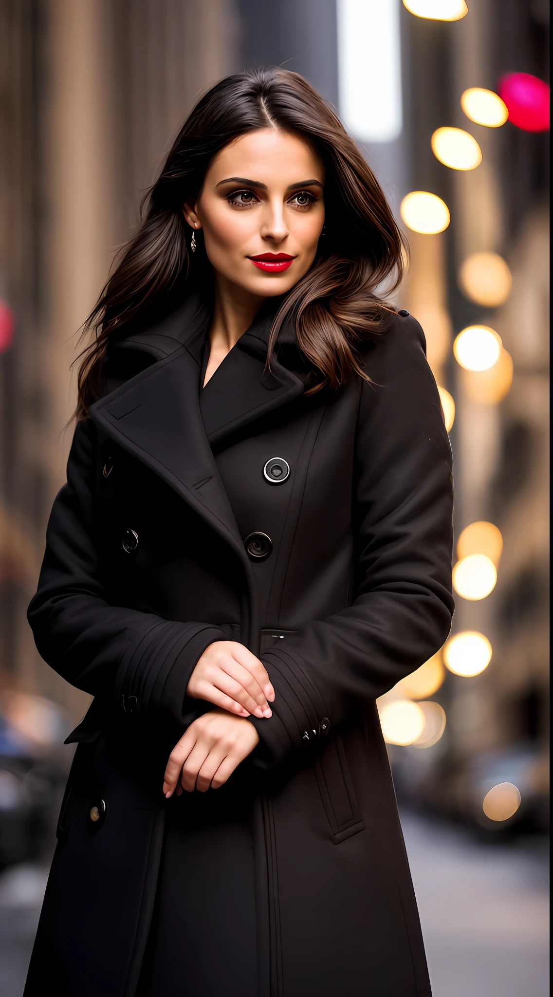 Dark and gloomy, 8K, front and up front photo of an extremely beautiful 30-year-old brunette Brazilian CEO in New York City at night in the background, (dark brown hair on shoulder), makeup, red lips, dark eyes, (elegant black coat closed), (elegant black dress inside the coat), (closed clothes), rebel archetype, frontal view, looking seriously at the audience, dynamic pose, hyper realistic,{extremely beautiful olive skin}, (highly detailed skin: 1.2) {{{masterpiece}}}, realistic texture, dynamic composition, Fujifilm XT2, 85mm F1.2, shutter speed 1/80, (bokeh), high contrast