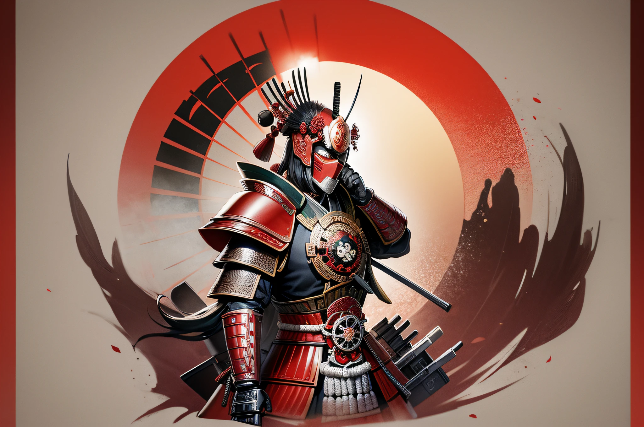Japanese samurai armor mask, samurai sword, cherry blossom temple, huge red sun background, ink style