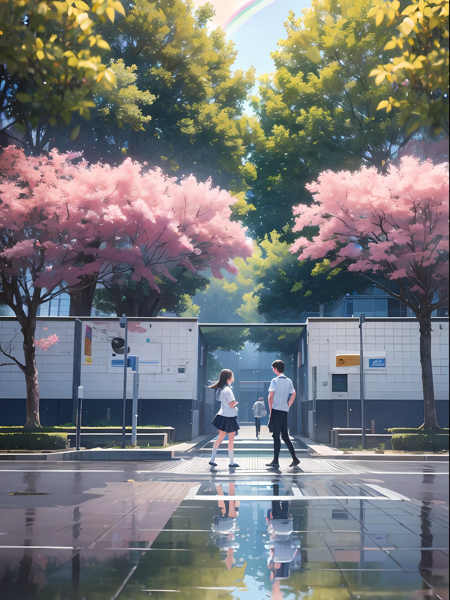 a female and a male, they are two students, wearing school uniform, lonely, rainny, around school, trees are beside the road, poddle of water reflectiing these two people, reflecting, a rainbow is on the sky, polar opposites, symmetry, panorama, perspective, ray tracing, reflection light, depth of field, close-up, masterpiece, best quality, high details, high quality, textured skin, ccurate, UHD, HD