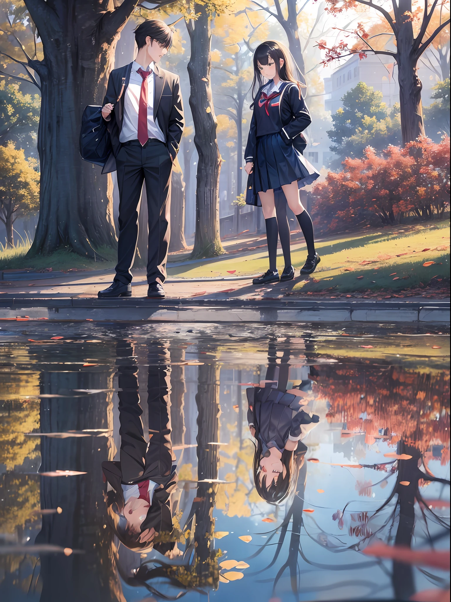 a female and a male, they are two students, wearing school uniform, lonely, rainny, around school, trees are beside the road, poddle of water reflectiing these two people, reflecting, a rainbow is on the sky, polar opposites, symmetry, panorama, perspective, ray tracing, reflection light, depth of field, close-up, masterpiece, best quality, high details, high quality, textured skin, ccurate, UHD, HD
