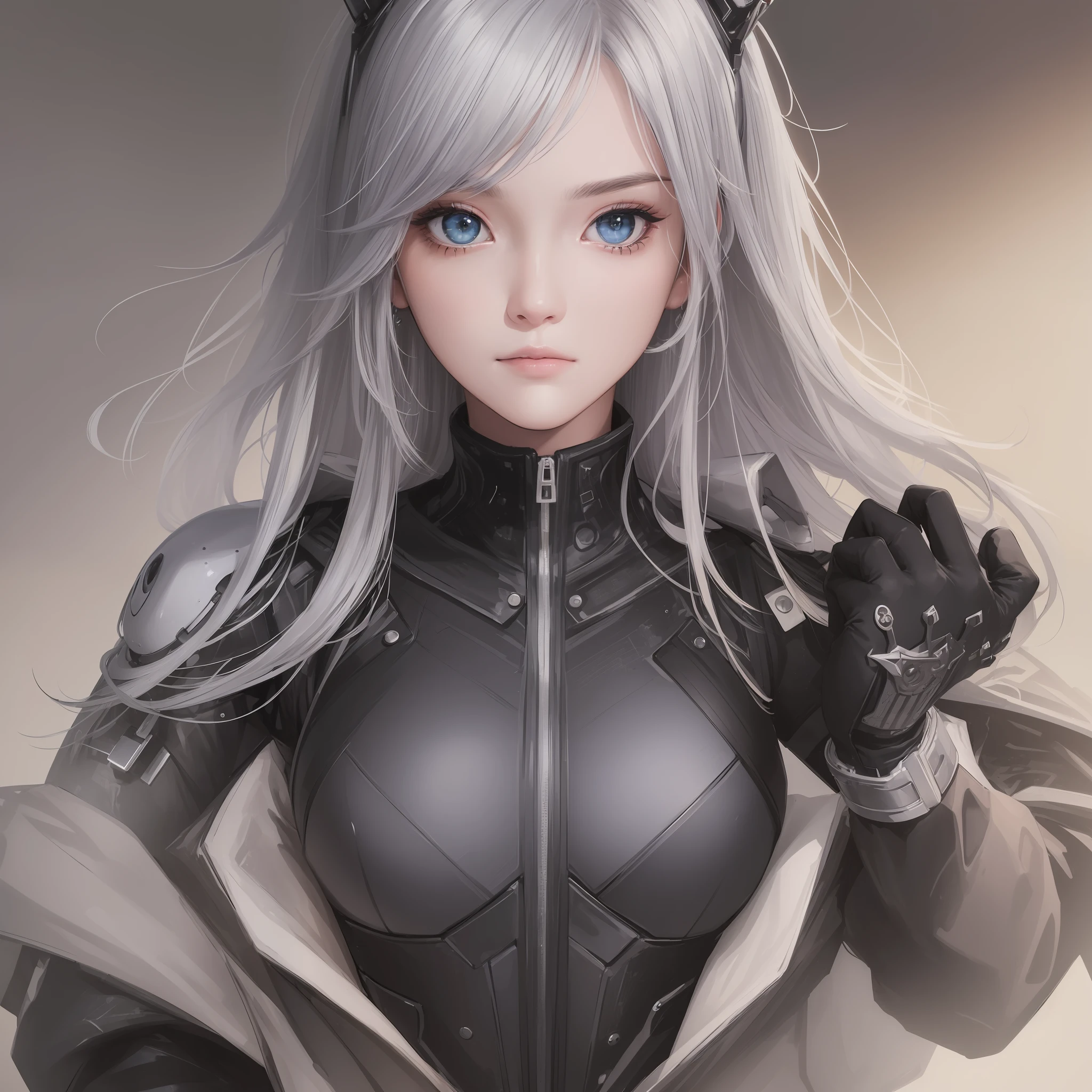 ((high quality, masterpiece:1.4)), 1girl, upper body, cyberpunk, black techwear, black gloves, white hair, japanese girl, symmetrical face, symmetrical eyes, looking at viewer, grey eyes, pretty face, beautiful face, beautiful eyes, beautiful girl, pretty girl, perfect facial shape, absurdres, realistic proportions, dynamic pose, high details, intricate, intricate details, realistic eyes, realistic eye proportions, sharp focus, 32k, realistic lighting, extreme details, realistic pupils, realistic proportion eyes, realistic proportions pupils, realistic shadows,