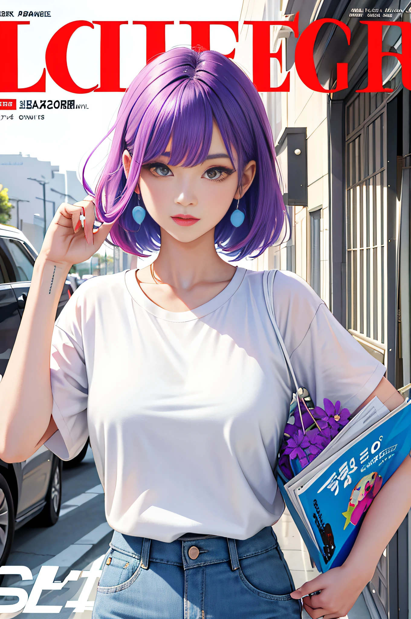 Masterpiece, superb style, summer dress, colored hair, street, magazine cover, white T-shirt on the upper body, super shorts on the lower body, with earplugs