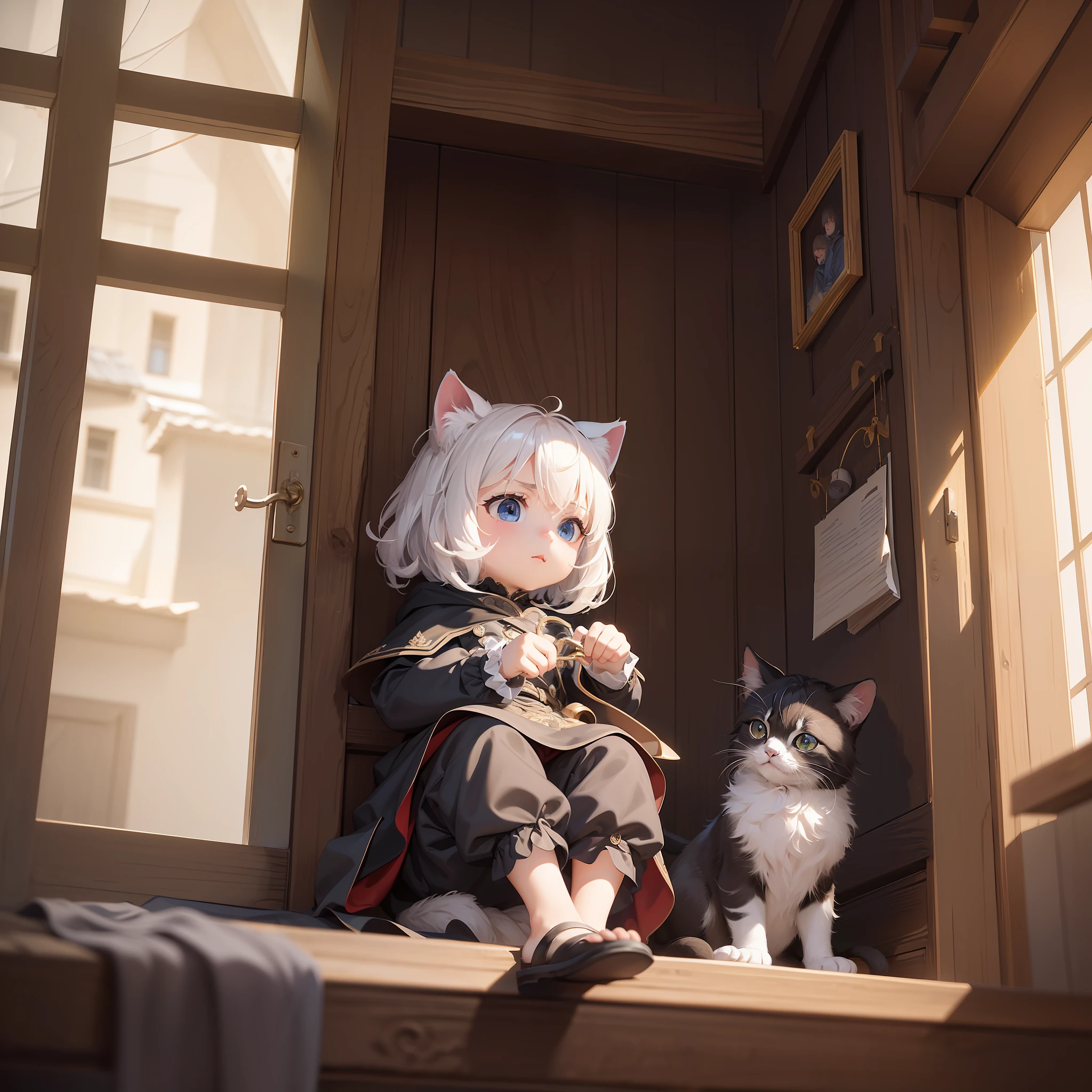 (Extreme detail CG Unity 8K wallpaper, masterpiece, highest quality), (exquisite light and shadow, highly dramatic picture, cinematic lens effect), imaginative creative, a little boy sitting on the eaves, two kittens, kite