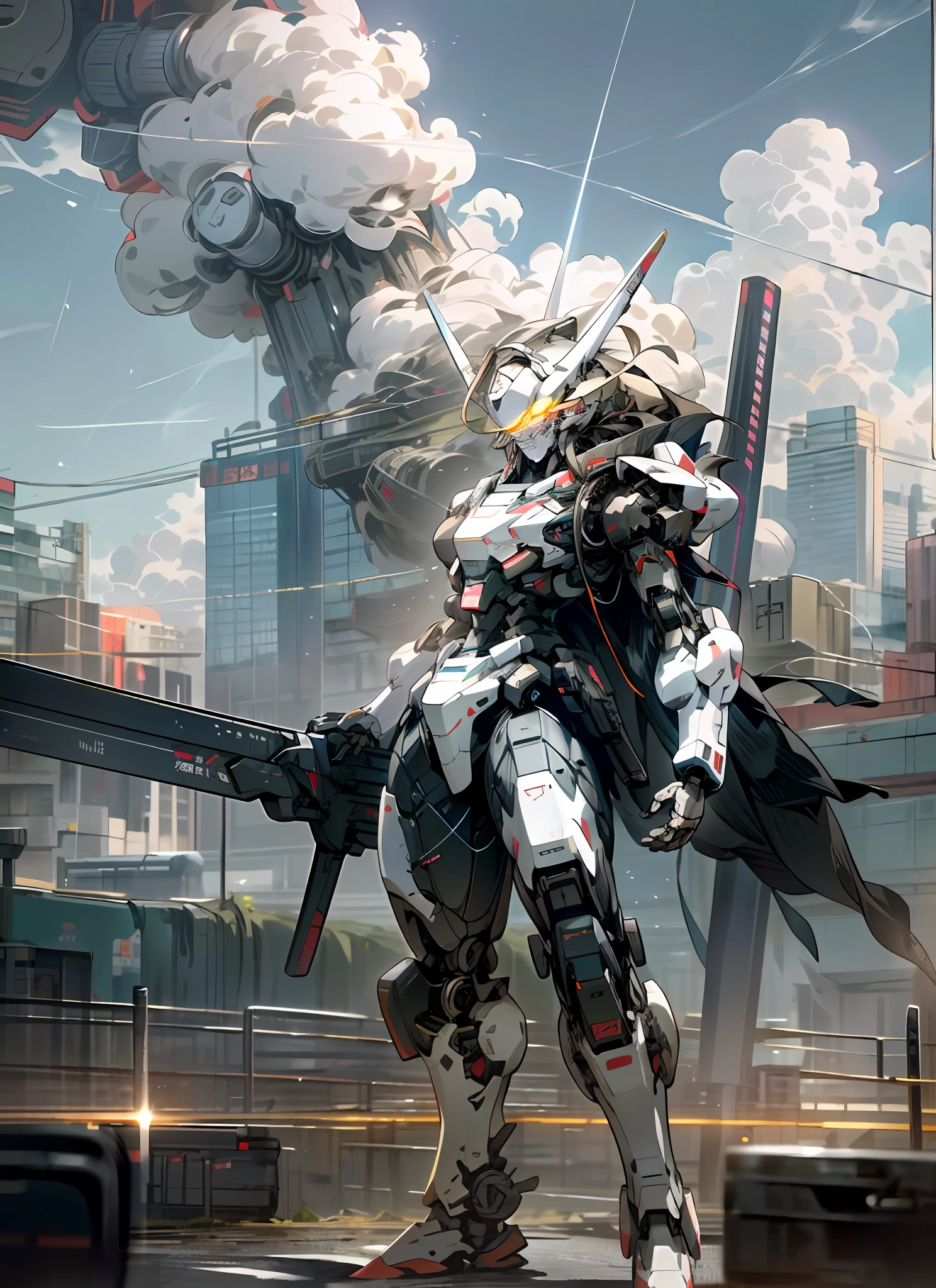 sky, cloud, holding_weapon, no_humans, luminous, robot, building, glowing_eyes, mecha, science_fiction, city, realistic, mecha.Anime girl in mecha costume, anime mecha girl, digital cyberpunk anime art, 8k, mecha network armor girl, looks at us half a turn