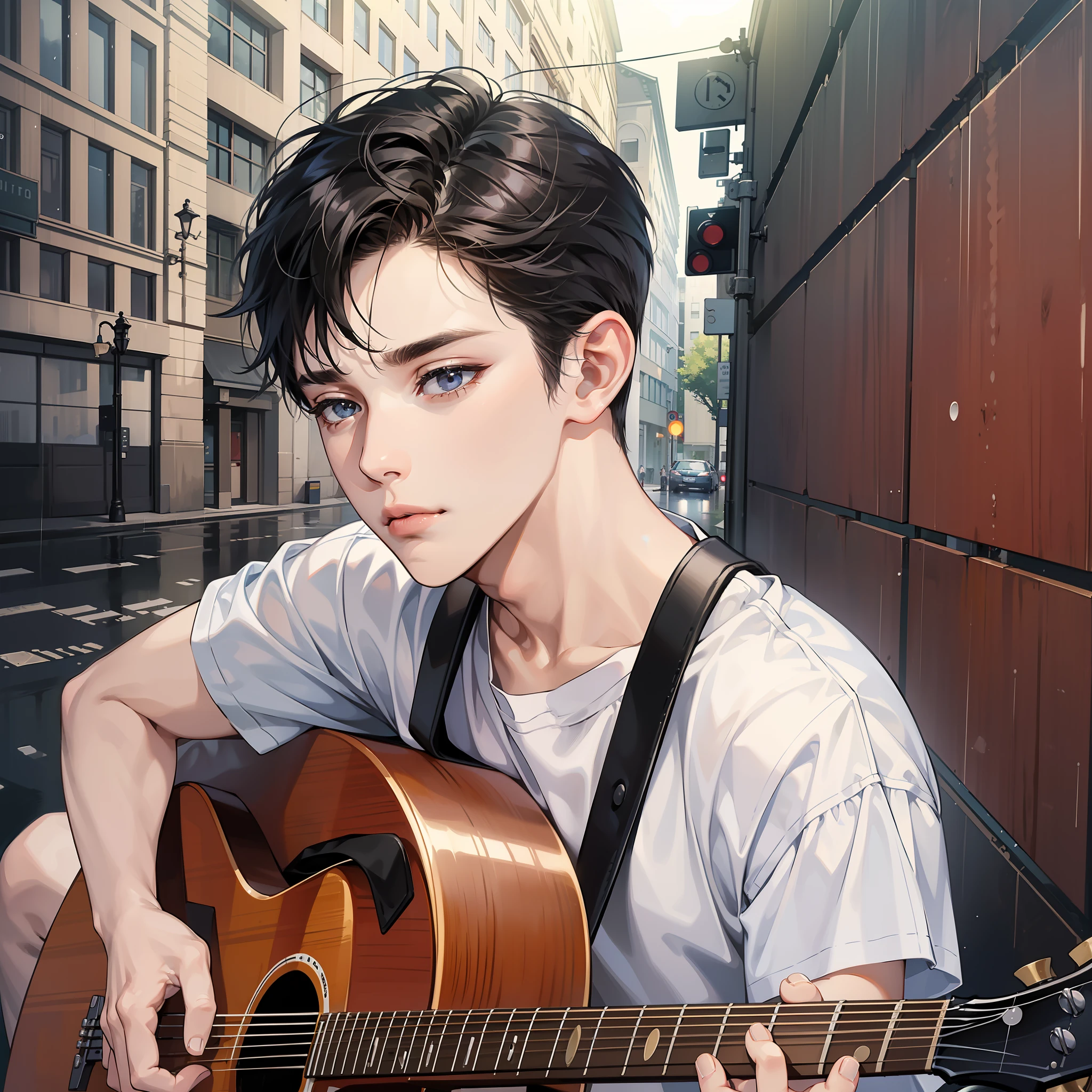 Masterpiece, high quality, best quality, HD, realistic, perfect lighting, detailed face, detailed body, 1 man, short black hair, white t-shirt, (sad expression: 1.5) (sad face: 1.5), holding guitar and singing, looks engaged, squat, by the street, the weather is gloomy, it is raining lightly