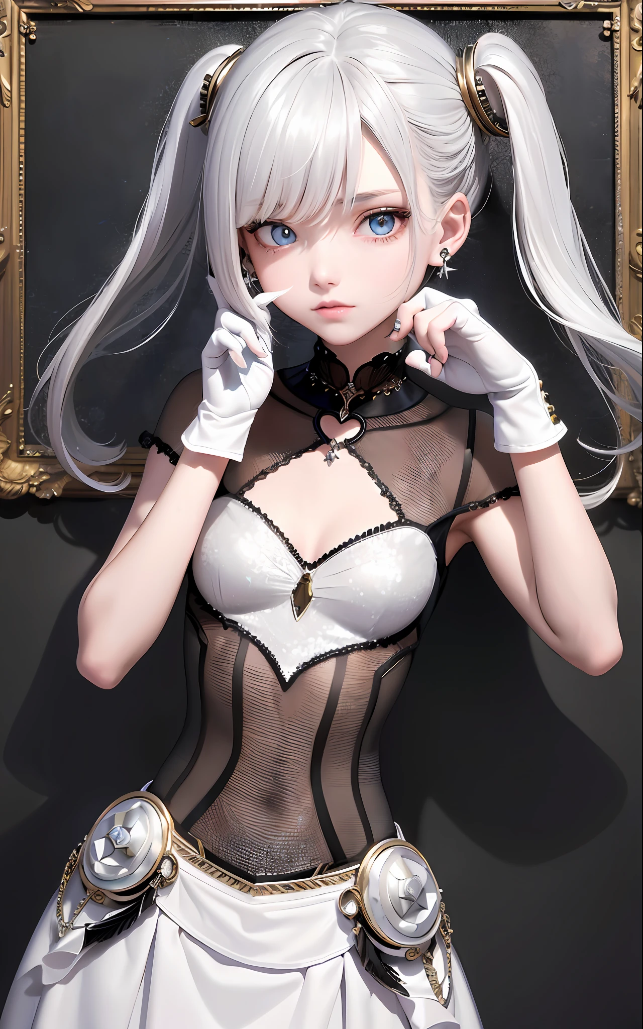 Best, Masterpiece, High Resolution, Best Quality, Ultra HD, Super Detail, Award-Standing, 16k, (Upper Body), Beautiful Maiden, Gray Hair, Hair, ((Heterochromia)), Hanging Corners, Fair Skin, (Small), (Slim Body), ((Military Dress)), Stud Earrings, (Neck Rings), (Short Gloves with Optimal Ratio of Four Fingers and One Thumb), (Short Gloves as Short as Half the Palm)